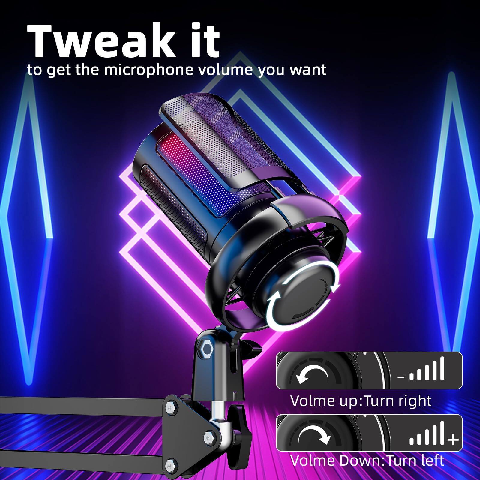 Tweak it to get the microphone volume you want

Volume up: Turn right

Volume Down: Turn left