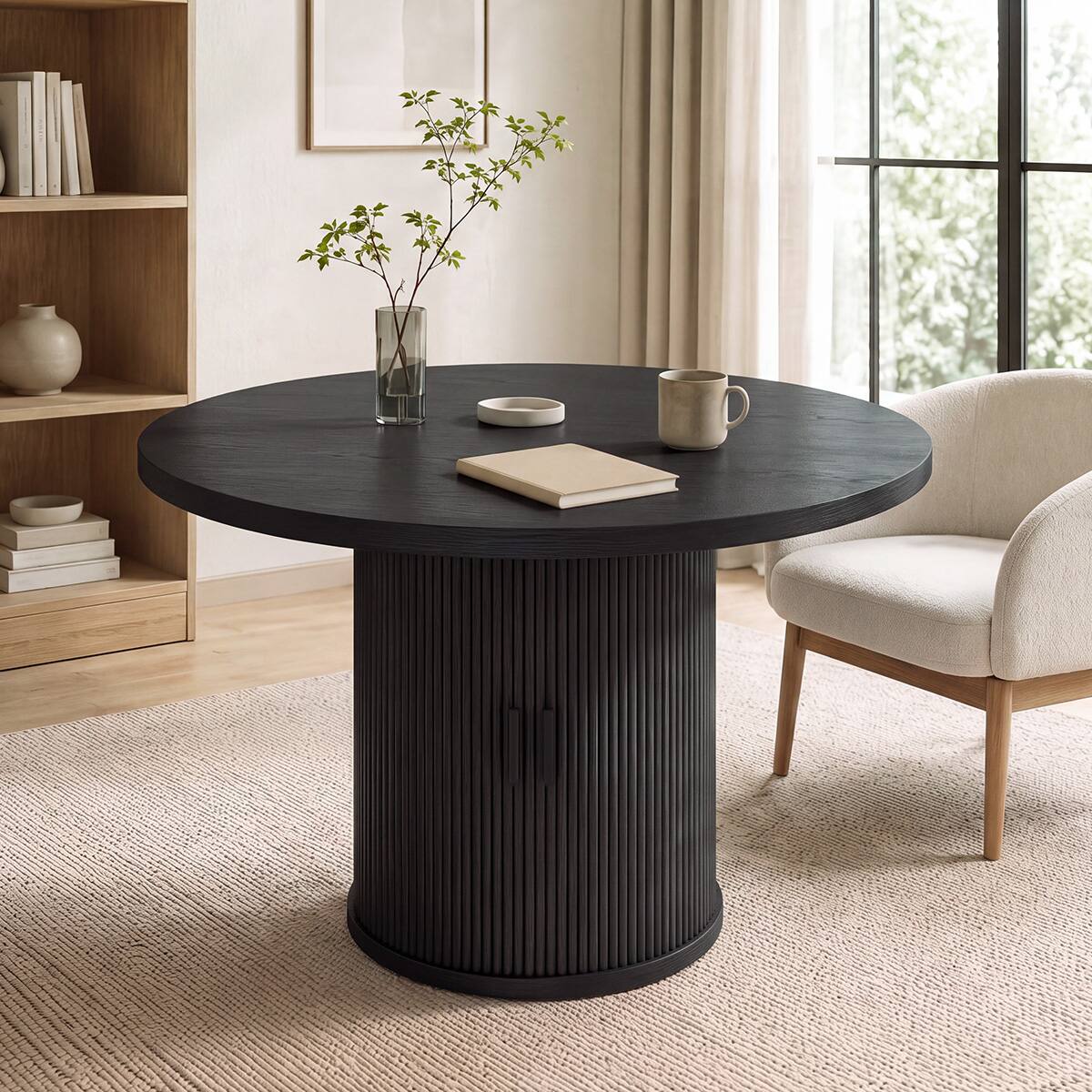Angle. Dyonery - 35.5" Round Dining Table with Storage Shelf, Modern Fluted Kitchen Table for Small Space - Black.