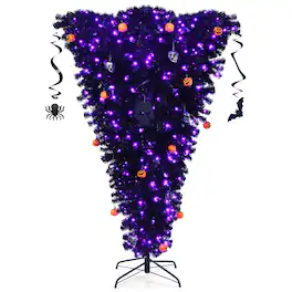 Costway - 6ft Upside Down Christmas Halloween Tree w/270 Purple LED Lights - Black