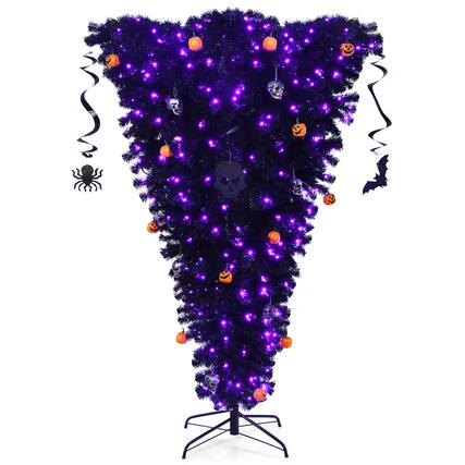 Front. Costway - 6ft Upside Down Christmas Halloween Tree w/270 Purple LED Lights - Black.
