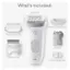 What's Included: Epilator, Skin contact cap, Trimmer comb, Pouch, Shaver head, Silk-pil7 7, Braun, Cleaning brush.