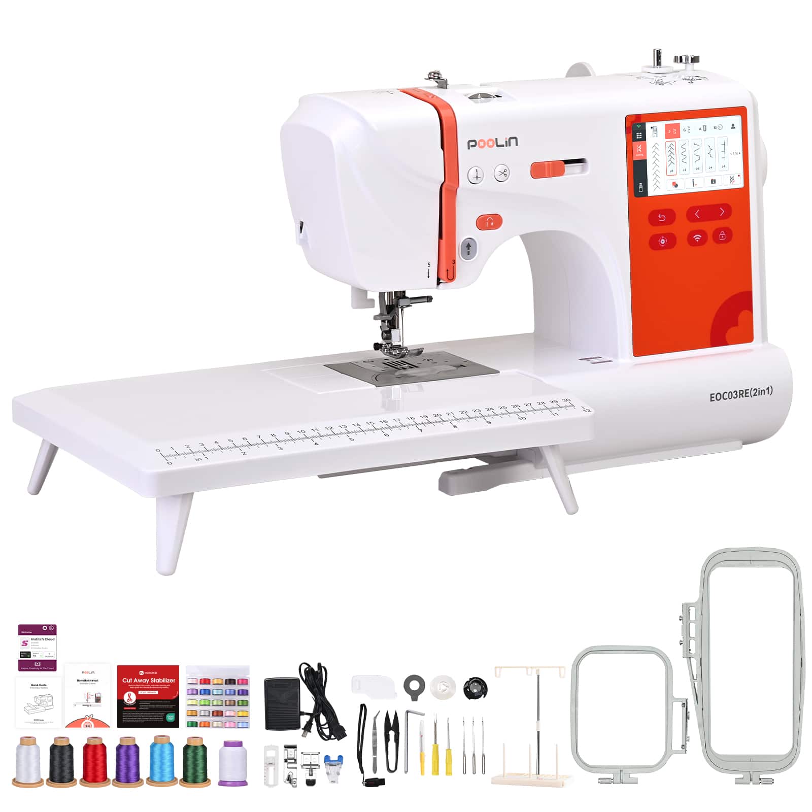 Poolin - EOC03-RE(2in1) Sewing & Embroidery Machine Computerized 9.2x4" Area, 4.3" Touch Screen with Wifi & Starter kit - White