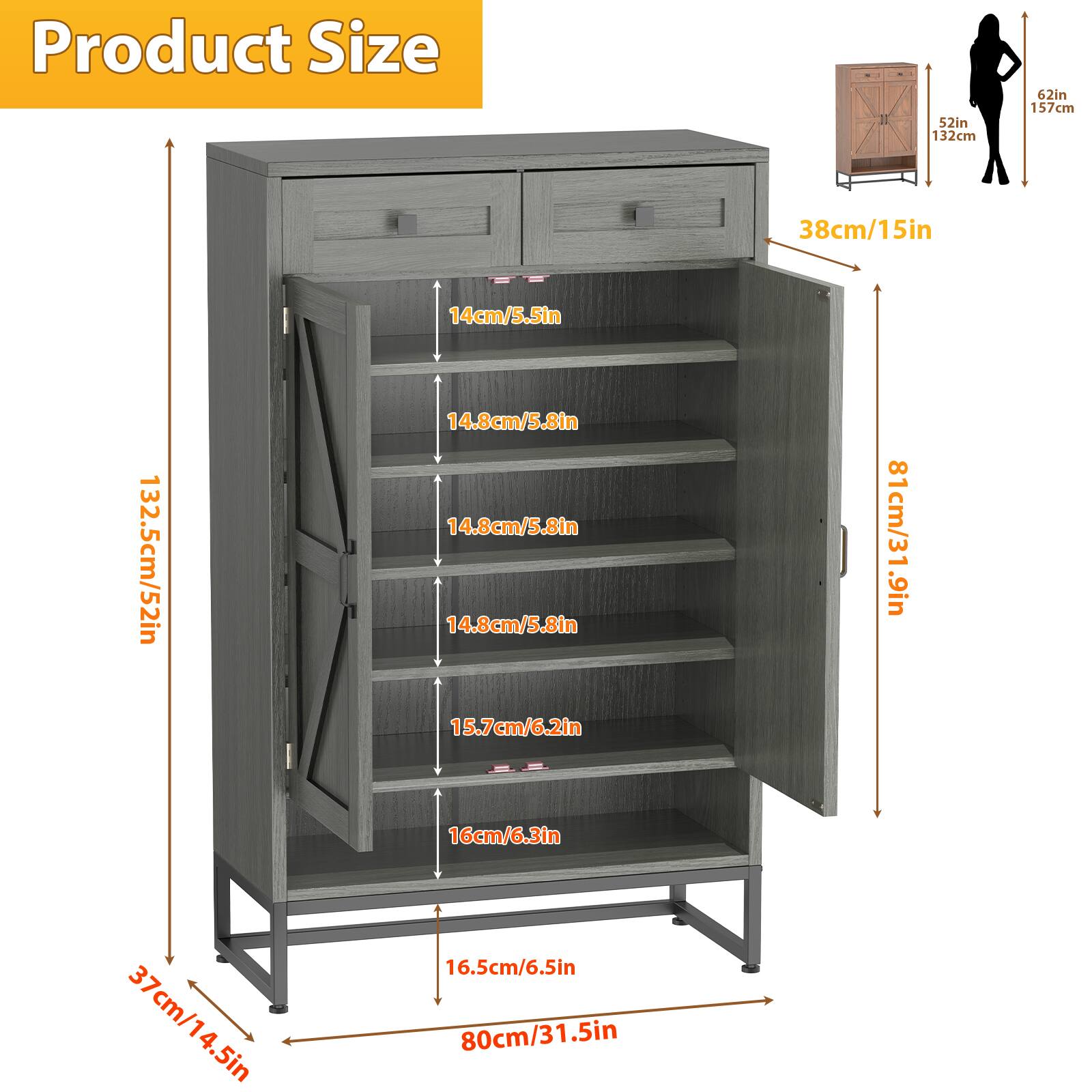 Product Size

- 132cm
- 62in
- 157cm
- 38cm/15in
- 14cm/5.5in
- 132.5cm/52in
- 14.8cm/5.8in
- 14.8cm/5.8in
- 14.8cm/5.8in
- 15.7cm/6.2in
- 81cm/31.9in
- 16cm/6.3in
- 37cm/14.5in
- 16.5cm/6.5in
- 80cm/31.5in