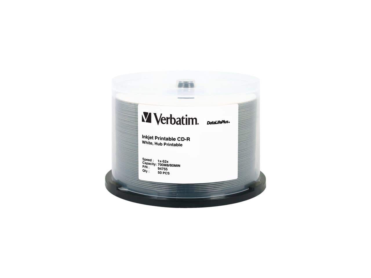 Verbatim - DataLifePlus 94755 700MB 52X CD-R Inkjet, Hub Printable 50 Packs Spindle Disc - White