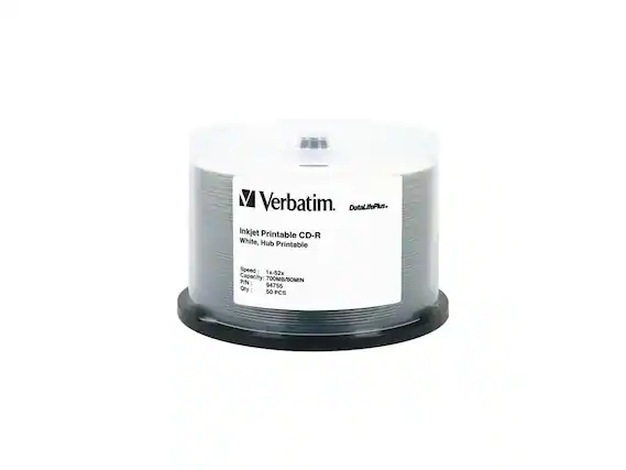Verbatim. DataLifePlus. Inkjet Printable CD-R White, Hub Printable
Speed: 1x-52x
Capacity: 700MB/80MIN
P/N: 94755
Qty: 50 PCS