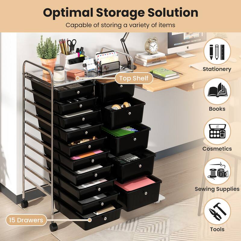 Optimal Storage Solution  
Capable of storing a variety of items  
Top Shelf  
Stationery  
Books  
Cosmetics  
Sewing Supplies  
15 Drawers  
Tools