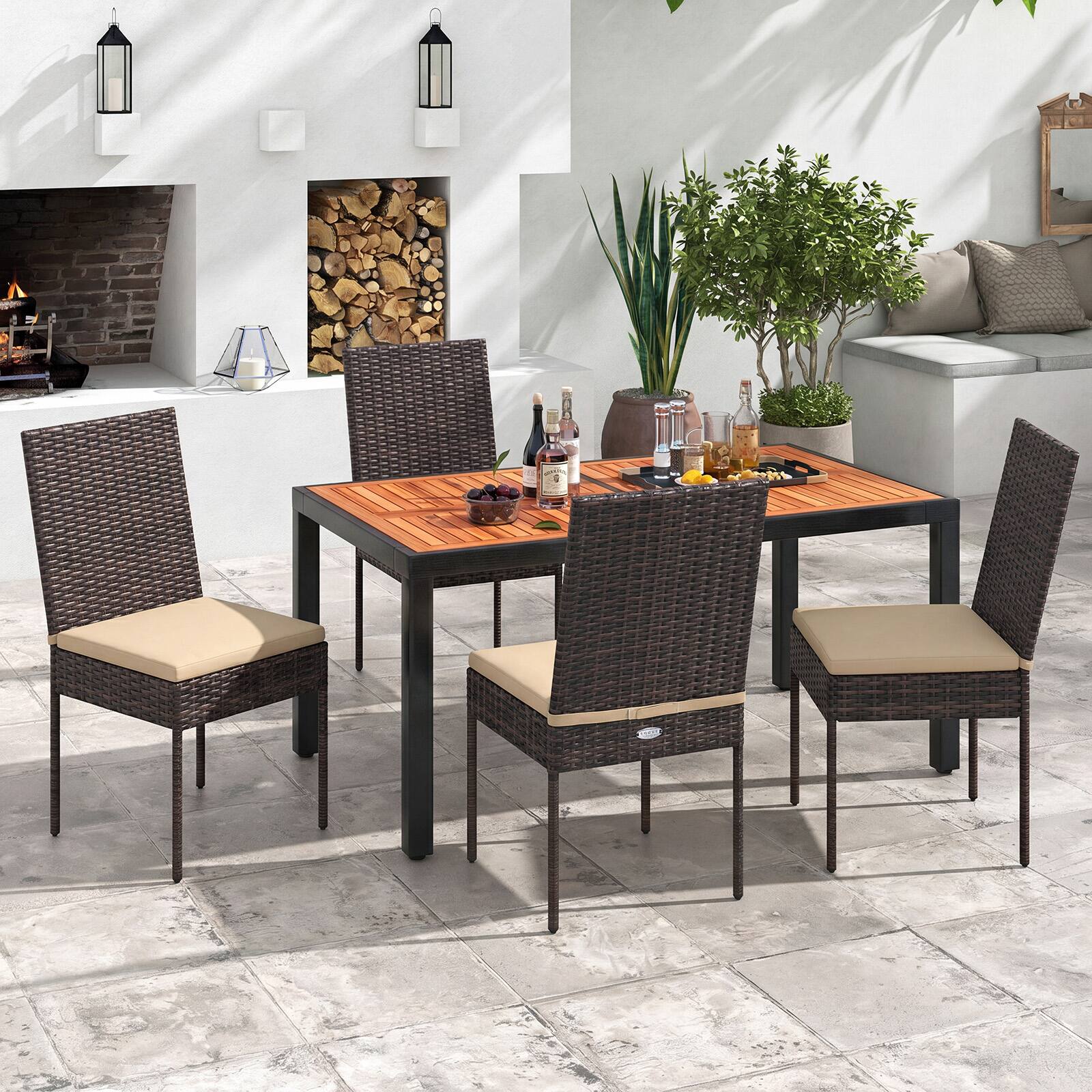 Alt View 1. Costway - Costway PE Wicker Patio Chairs Set of 4, Outdoor Dining Chairs with Cushions, Metal Frame - Brown + Beige.