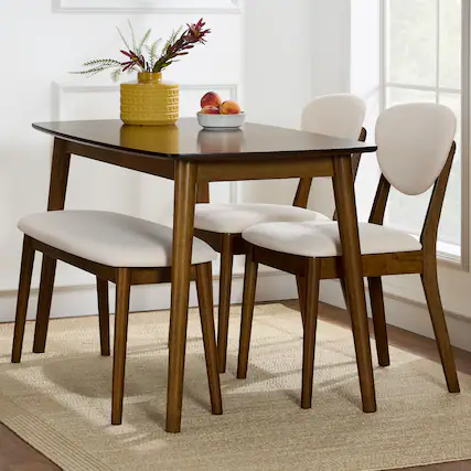 Front. Best Choice Products - Best Choice Products 4-Piece Mid-Century Modern Upholstered Wooden Dining Set w/ 2 Chairs, Bench - Walnut/Cream - Walnut/Cream.