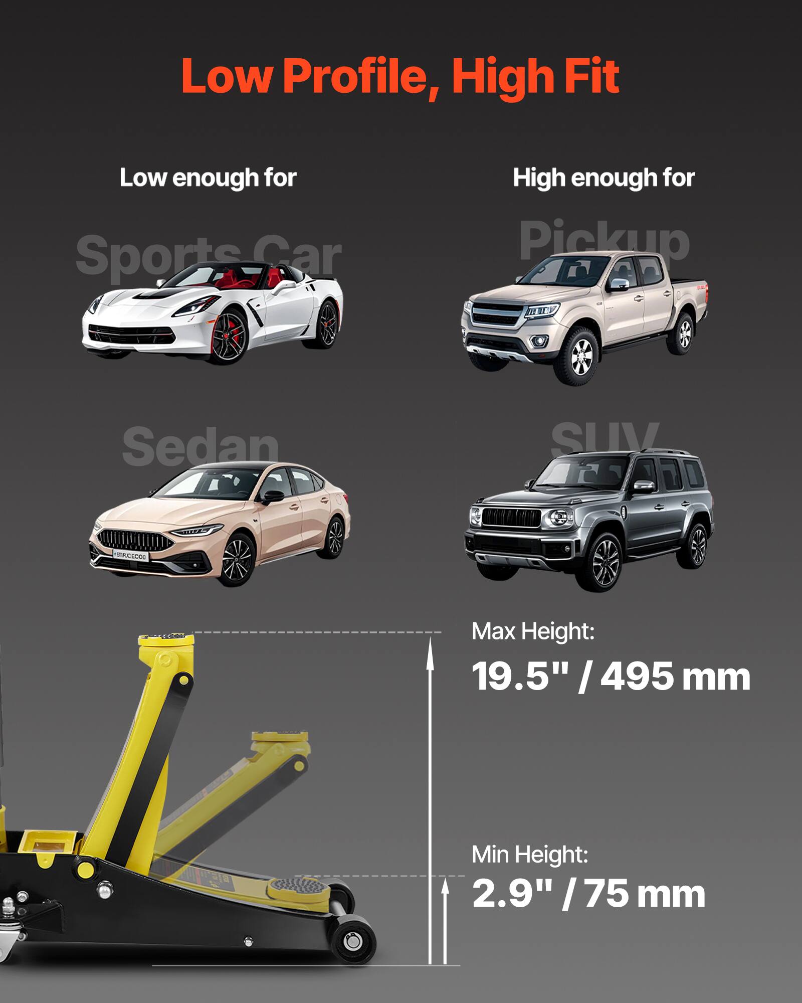 Low Profile, High Fit  
Low enough for Sports Car  
High enough for Pickup  
Sedan SUV  

Max Height: 19.5" / 495 mm  
Min Height: 2.9" / 75 mm