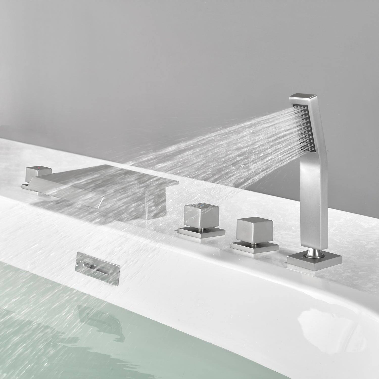 Alt View 3. Boyel Living - Brushed Nickel Waterfall Bath Tub Faucet with Handheld Shower SUS304 Hot Cold Control 5 Hole Installation High Flow Rate - Brushed Nickel.