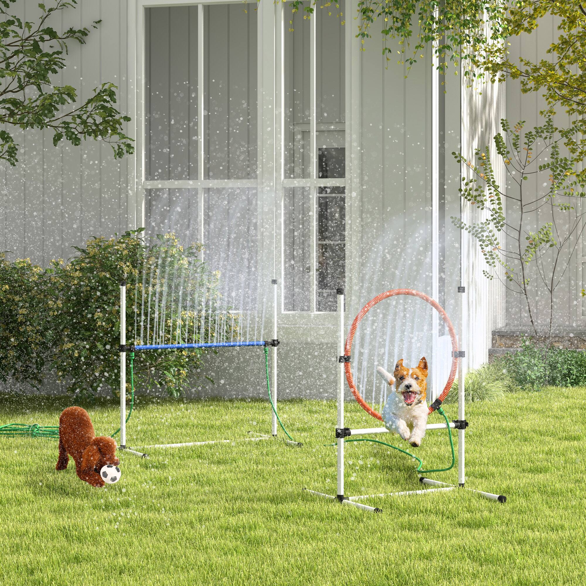 Angle. Pawhut - 3 Piece Dog Agility Set, Spray Water Tube, Adjustable Jumping Ring, Hurdle, Carry Bag, Whistle - White.
