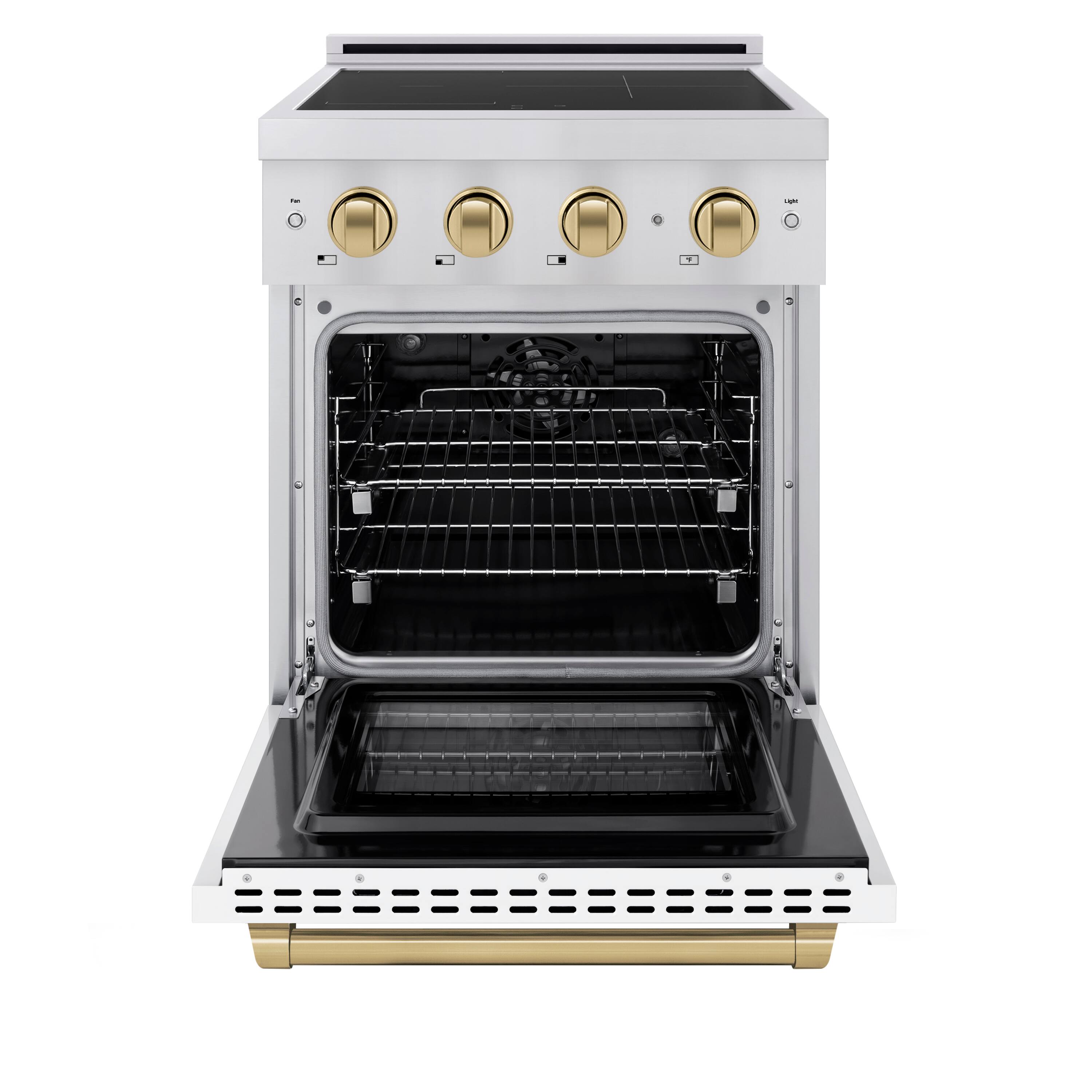 Angle. ZLINE - Autograph 24 in. 3.2 cu. ft. Paramount Freestanding Induction Range with 3 Burners and Bronze Accents with White Door - White Matte.