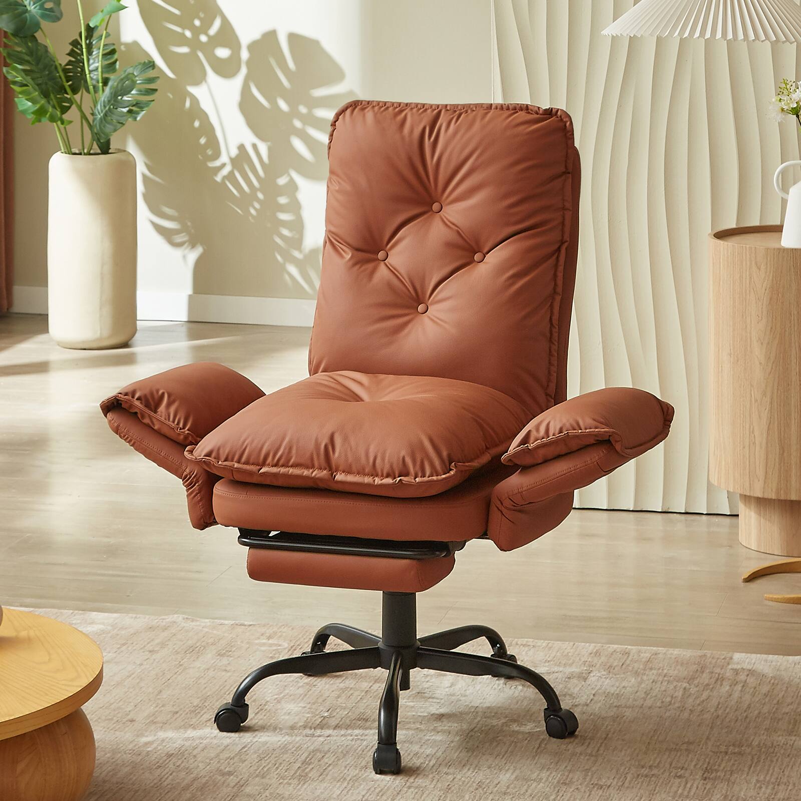 Alt View 1. Bestier - Cross Legged Executive Office Chair, Velvet Ergonomic Desk Chair with Flip-Up Arms, Retractable Footrest & Side Pockets - Light Brown PU Leather.