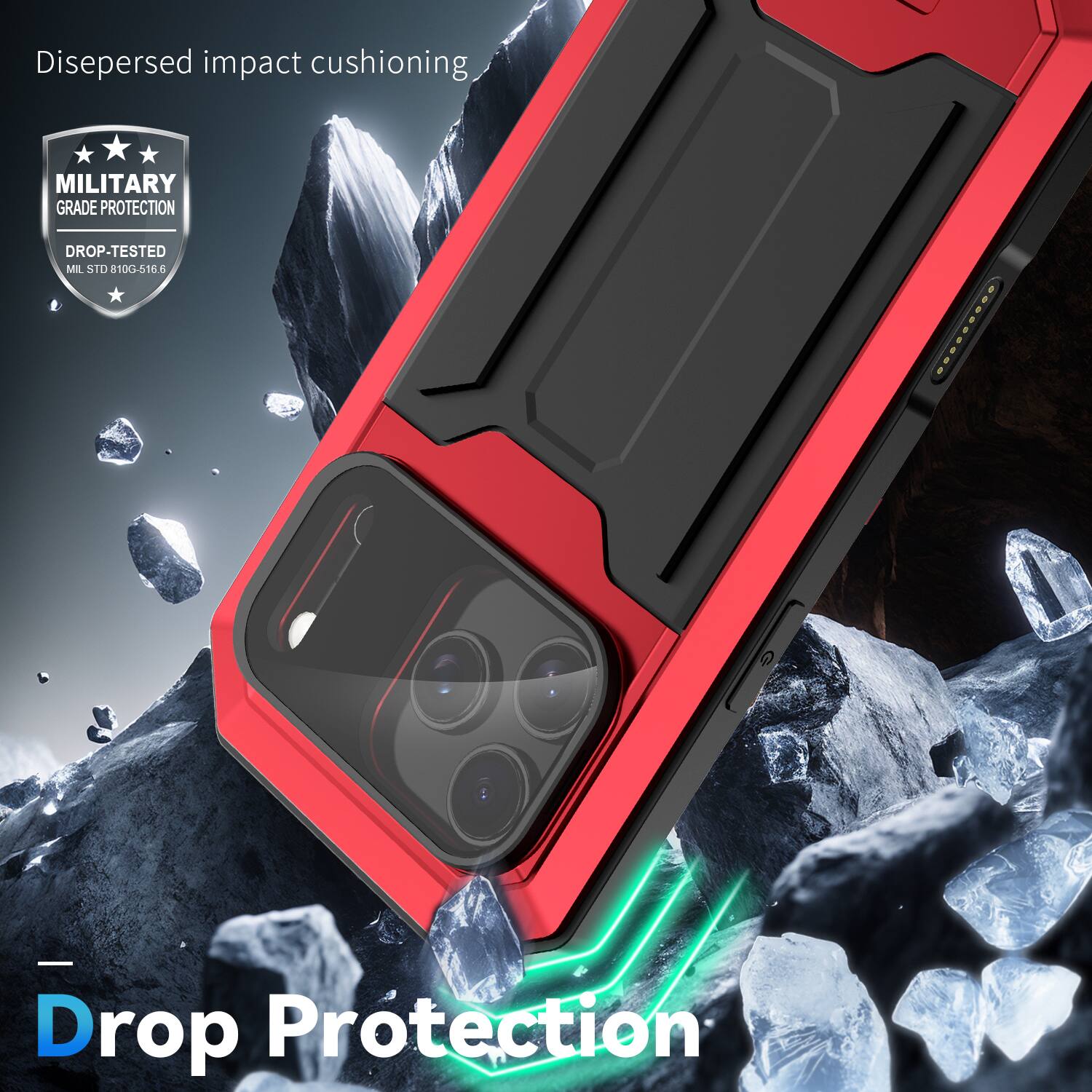 Dispersed impact cushioning  
MILITARY GRADE PROTECTION  
DROP-TESTED  
MIL STD 810G-516.6  

Drop Protection