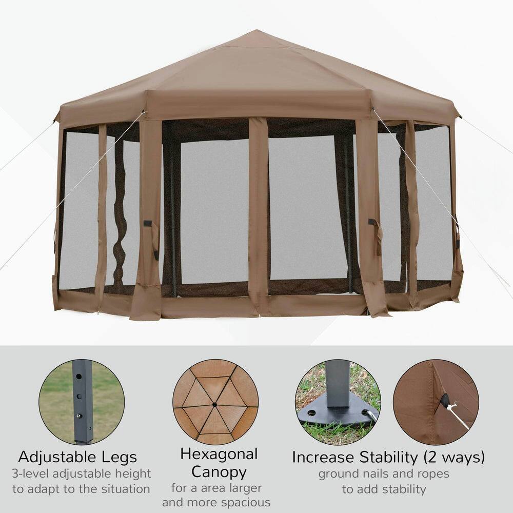Adjustable Legs  
3-level adjustable height to adapt to the situation  

Hexagonal Canopy  
for a larger area and more spacious  

Increase Stability (2 ways)  
ground nails and ropes to add stability