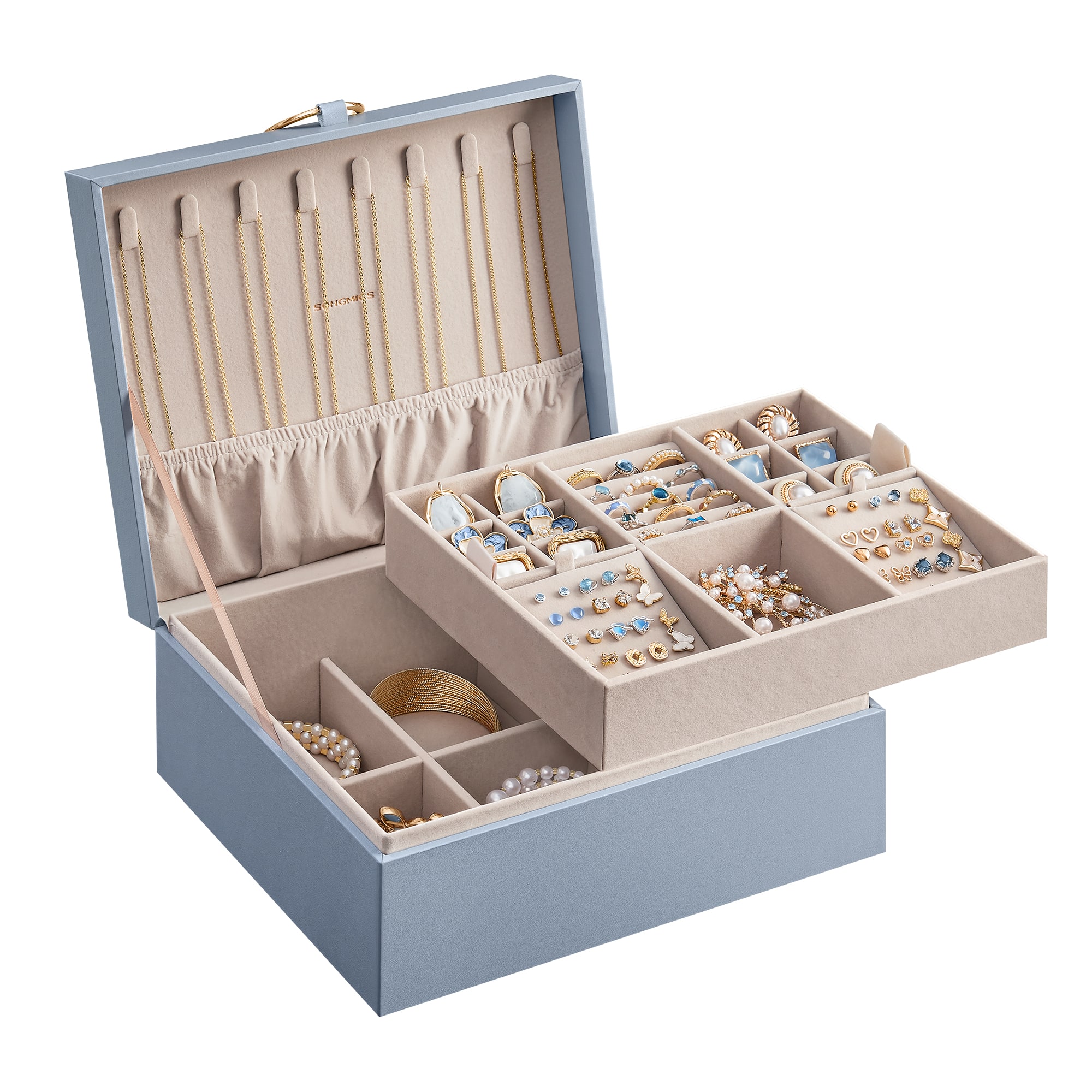 Songmics Home - 2-Layer Jewelry Box, Jewelry Organizer with Handle, Removable Jewelry Tray, Jewelry Storage, Floating Effect - Light Blue