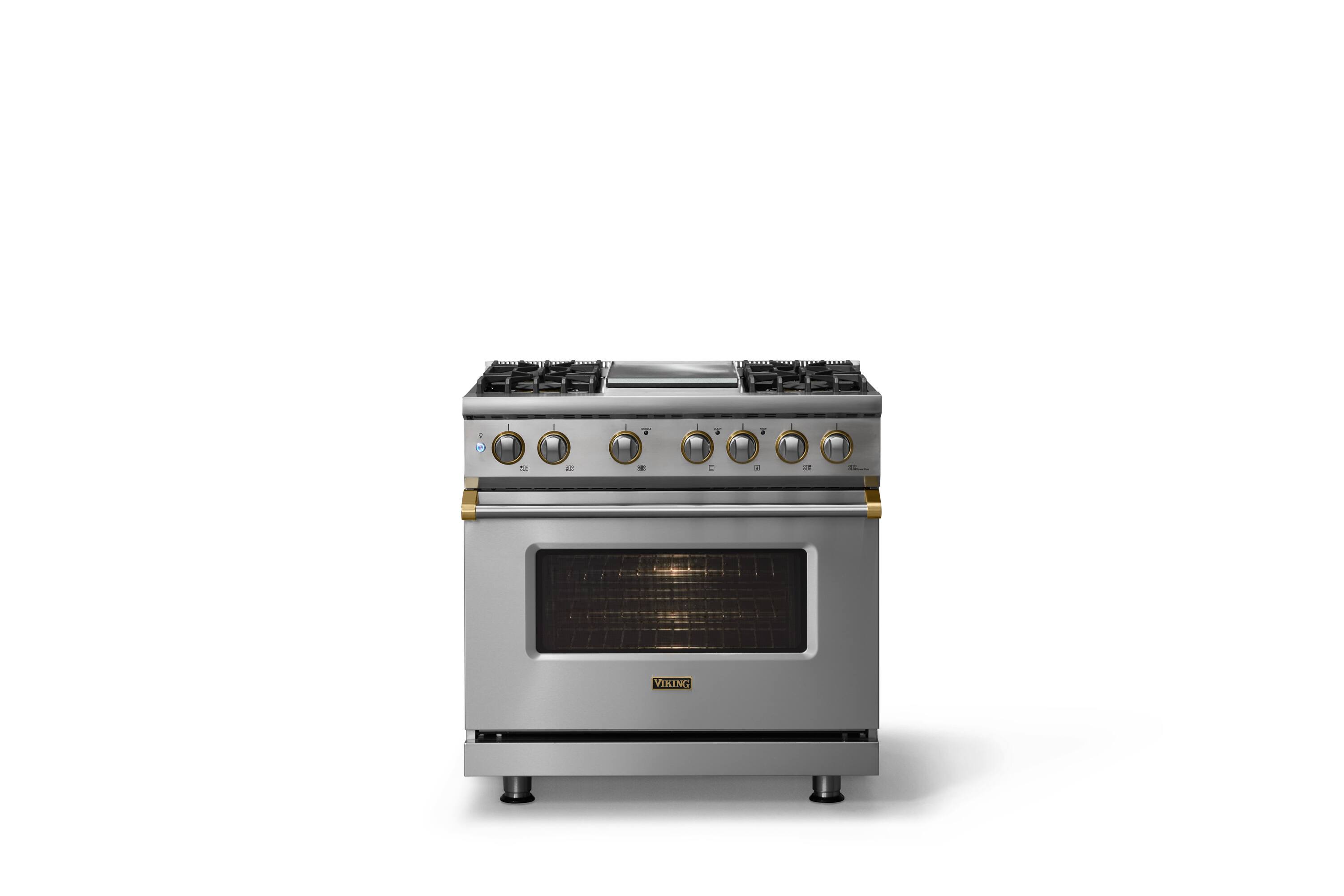 Alt View 1. Viking - 36"W. Pro5S 5.6 Cu. Ft. Freestanding Self-Clean Sealed 4B Dual Fuel Convection Range/Grdl-Stainless Steel/Brushed Brass - Stainless Steel.
