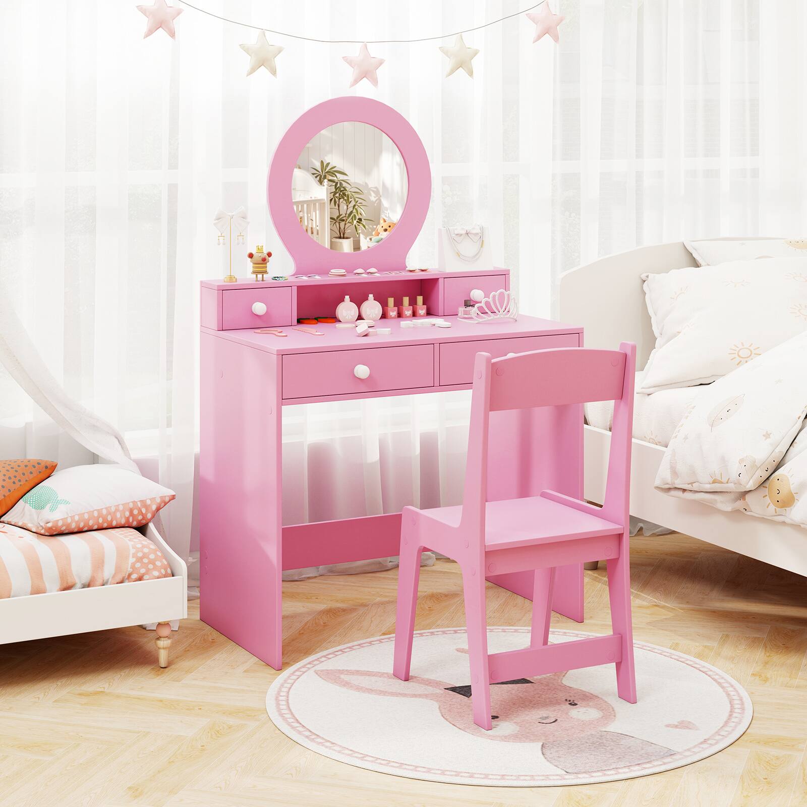 Alt View 3. Gymax - Gymax Kids Vanity Set Desk & Chair Set w/ Mirror Open Shelf & 4 Storage Drawers Pink - Pink.
