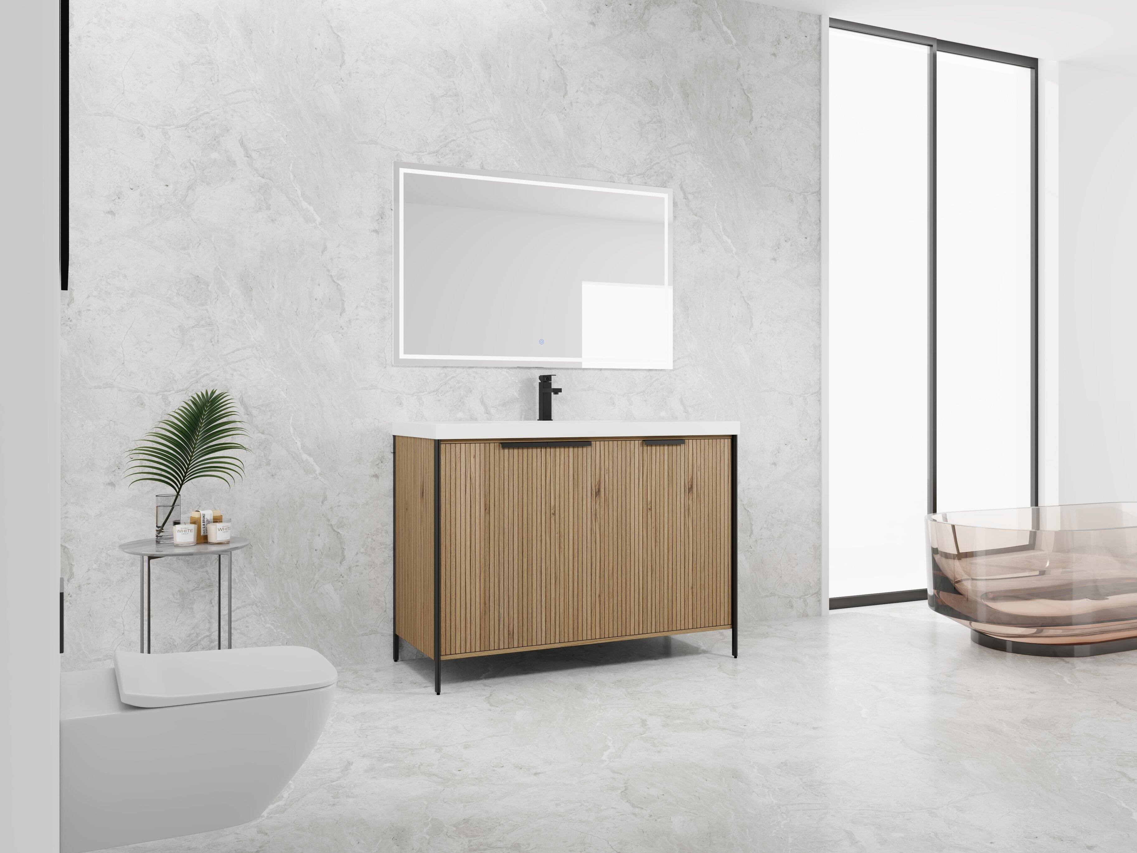 Left. APRILSOUL - 48 inch Freestanding Bathroom Vanity Resin Sink 3 Soft Close Doors KD Packing - Light Coffee.