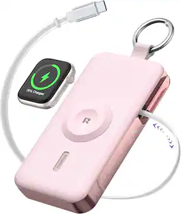 RORRY - CharmGo 12000mAh 3-in-1 Portable Charger with Retractable USB-C Cable, Apple Watch Charger and LCD - Pink