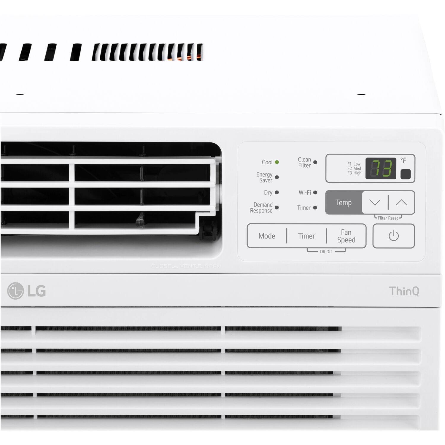 Cool Energy Saver Clean Filter F1 Low F2 Med F3 High 73°F Dry Demand Response Wi-Fi Timer Temp Filter Reset Mode Timer Fan Speed DR OFF CLOSER VENT OPEN LG ThinQ