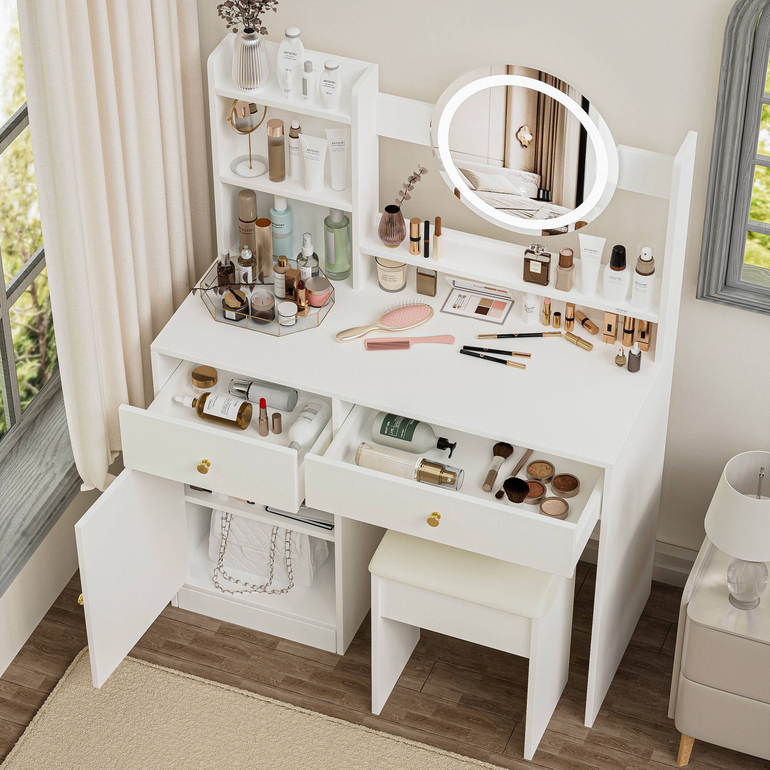 Alt View 2. Ecooso - Vanity Desk with Mirror and Lights for Makeup, Cushioned Chair, 3 Color Brightness Adjustable Dressing Table Set - White.