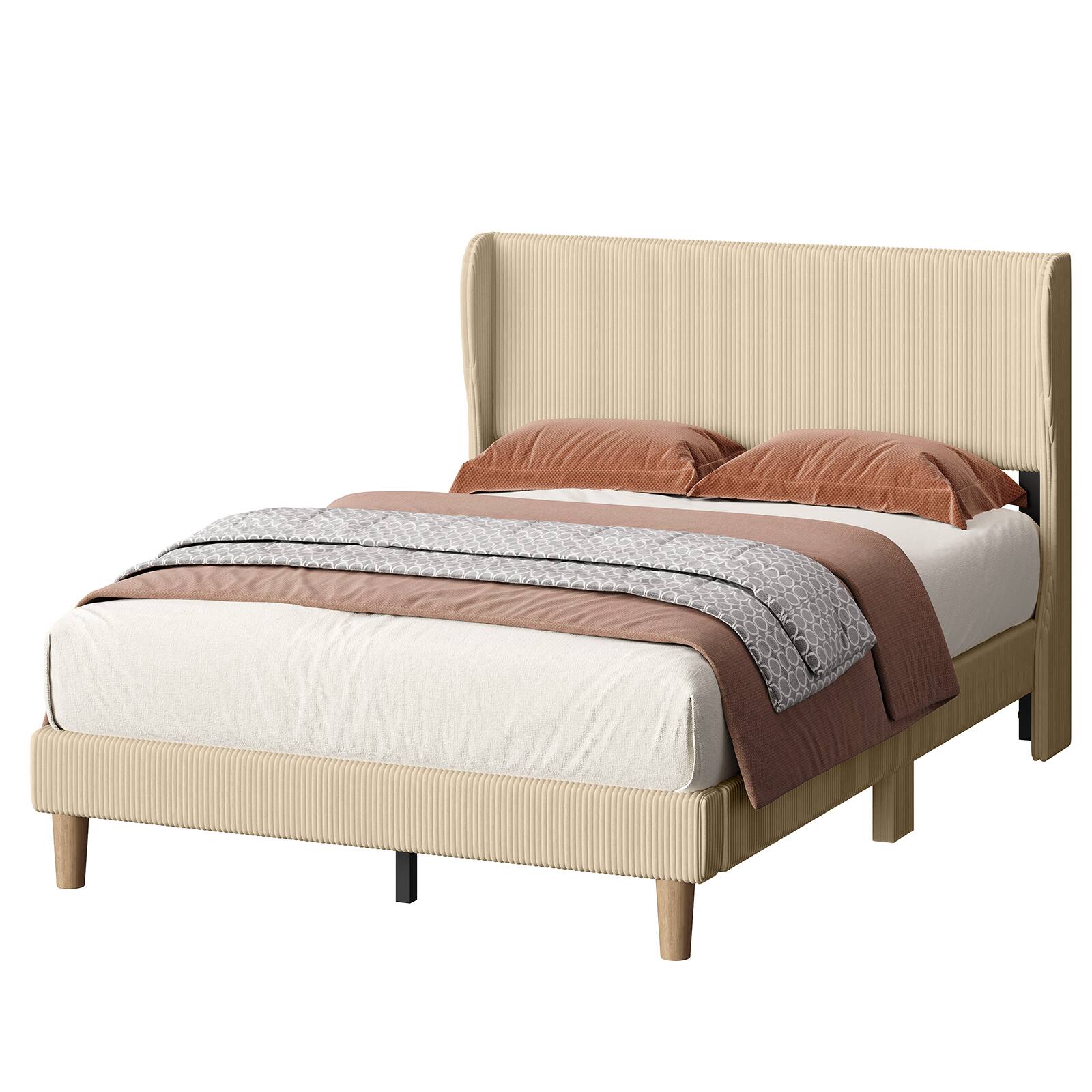 Alt View 4. Bestier - Wood Frame Corduroy Upholstered Platform Bed Frame with Wingback Headboard - Taupe.