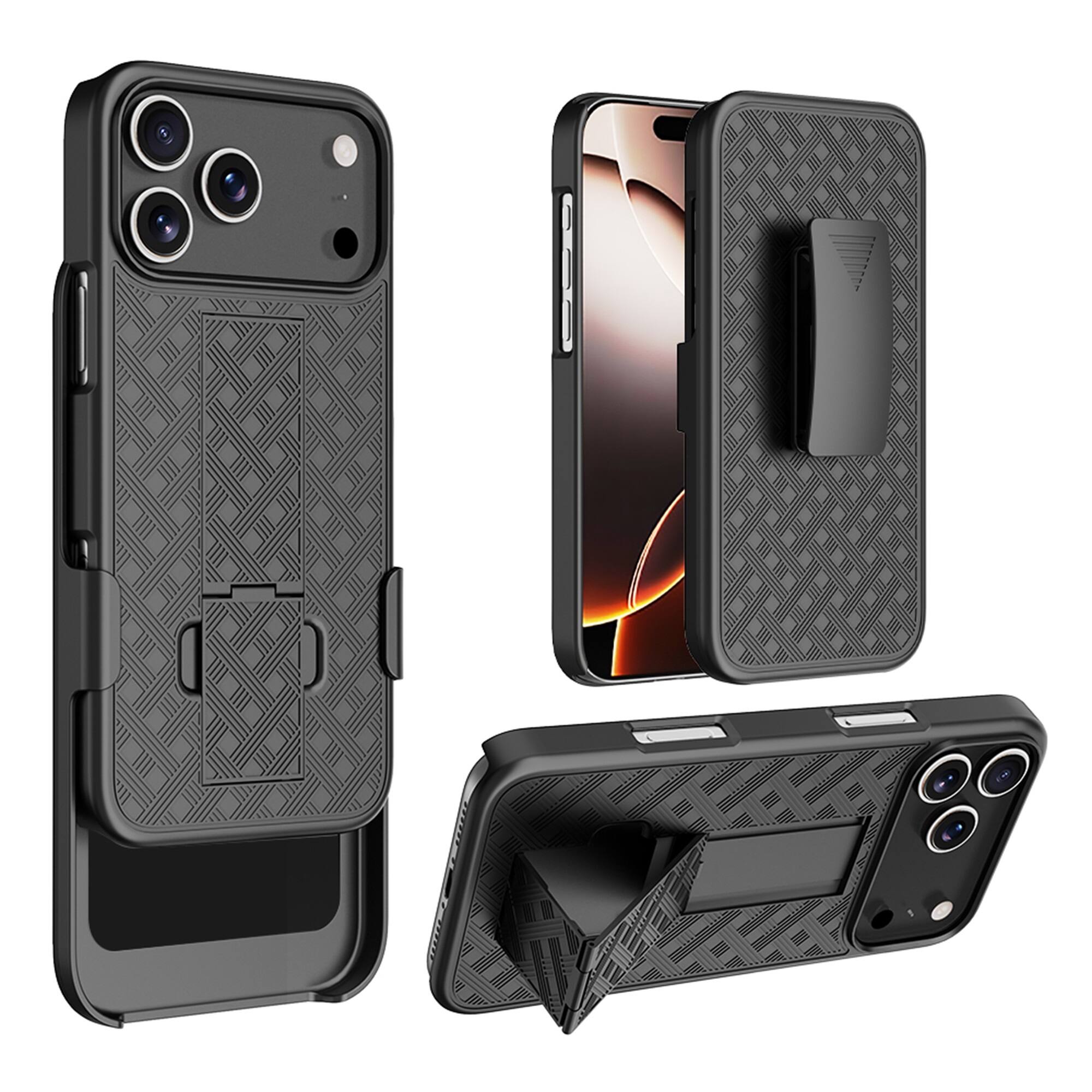 Angle. Dteck - for Apple iPhone 17 Pro Max Rugged Case Shockproof Foldable Kickstand Full Protection Cover With Belt Clip Holster - Black.
