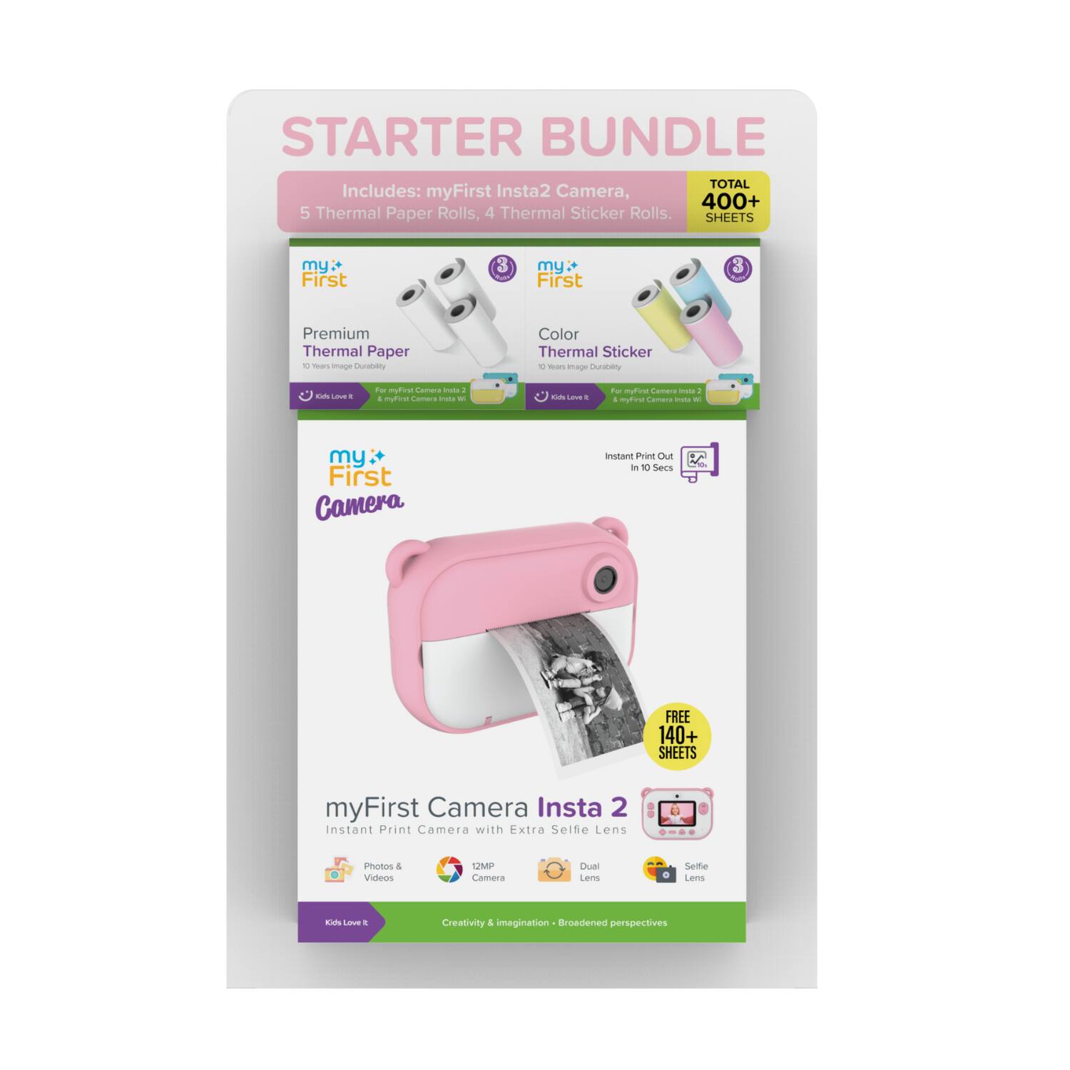 STARTER BUNDLE TOTAL Includes: myFirst Insta2 Camera, 400+ 5 Thermal Paper Rolls, 4 Thermal Sticker Rolls. SHEETS my First my First Premium Thermal Paper 1 mars -oe Cnmtty Color Thermal Sticker - -a ma Curbiry La  4 - muffa Camera - - + mutina Comera - - ES - + - myfrn Comera -ot - + mutina Camara - - my First Camera inottant Part Out a 1 Secs FREE 140+ SHEETS myFirst Camera Insta 2 Instant Print Camera with Extra Selfie Lens - Photos 4 Videos 7M Camera Dual Lems Selfe Lems Ls - + Creativity 4 imagination Broedened perspectives