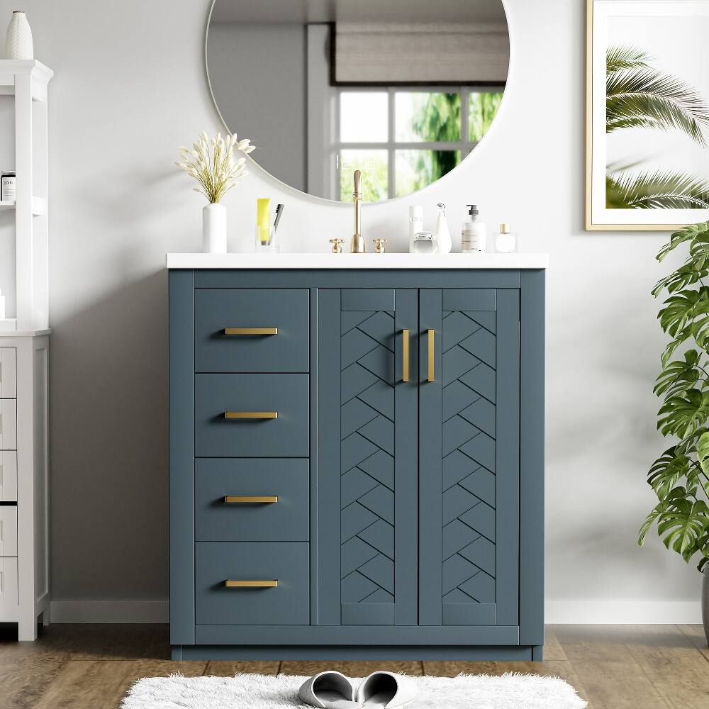 Left. Loheer - Loheer 30 Inch Bathroom Vanity with Sink Blue Freestanding Solid Wood Frame Cabinet - Blue.