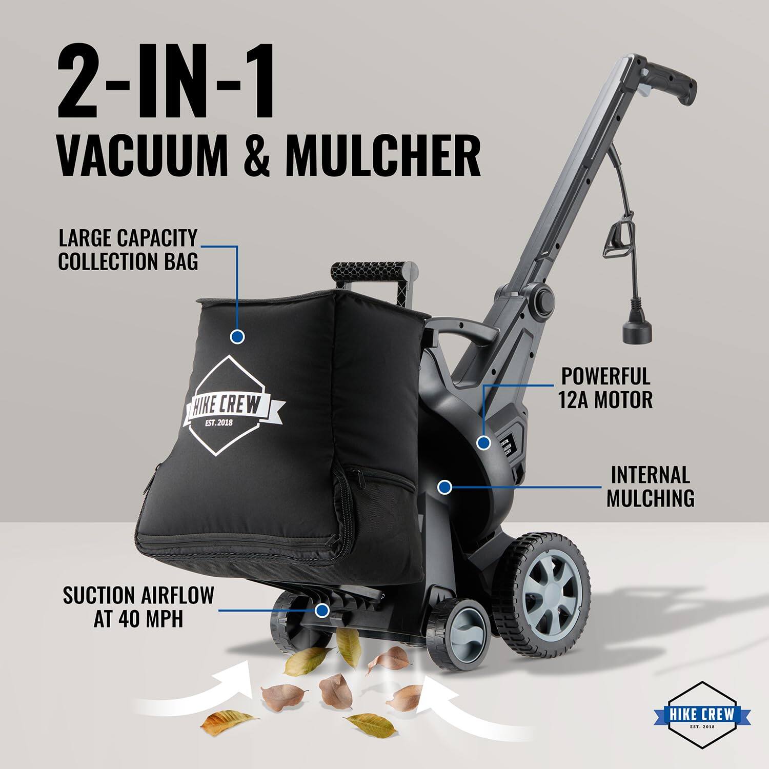 2-IN-1 VACUUM & MULCHER

LARGE CAPACITY COLLECTION BAG

HIKE CREW EST.2018

POWERFUL 12A MOTOR

INTERNAL MULCHING

SUCTION AIRFLOW AT 40 MPH

HIKE CREW EST. 1934