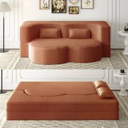 GOODSILO - Convertible Plush Corduroy Floor Sleeper Sofa with Dual Pillows for Living Room and Guest Use - Orange