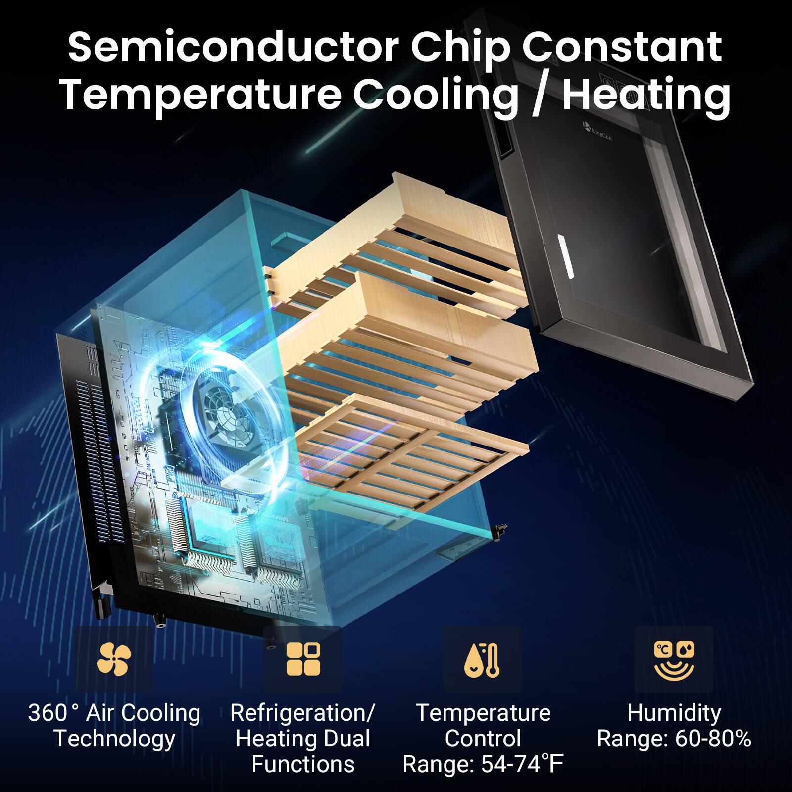 Semiconductor Chip Constant Temperature Cooling / Heating

360° Air Cooling Technology

Refrigeration/ Heating Dual Functions

Temperature Control Range: 54-74°F

Humidity Range: 60-80%