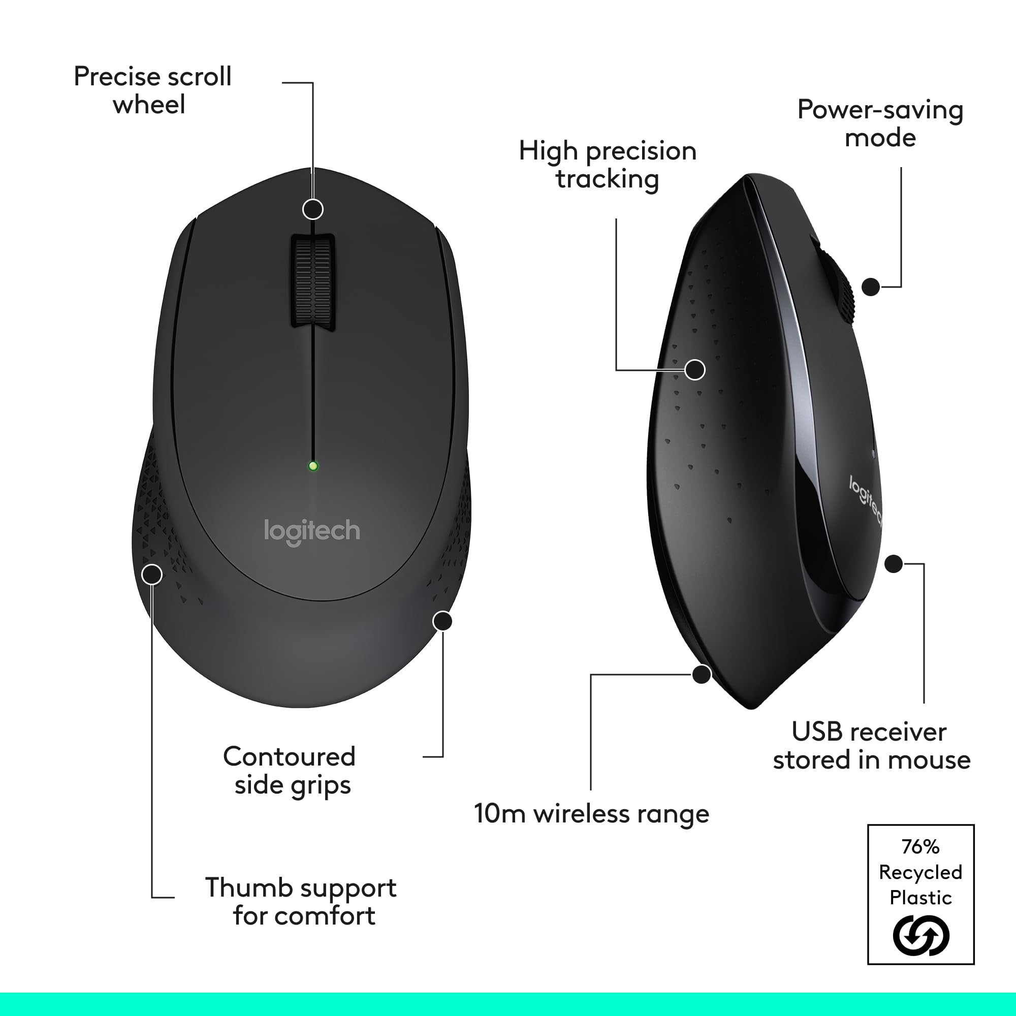 Precise scroll wheel  
High precision tracking  
Power-saving mode  
Contoured side grips  
Thumb support for comfort  
10m wireless range  
USB receiver stored in mouse  
76% Recycled Plastic