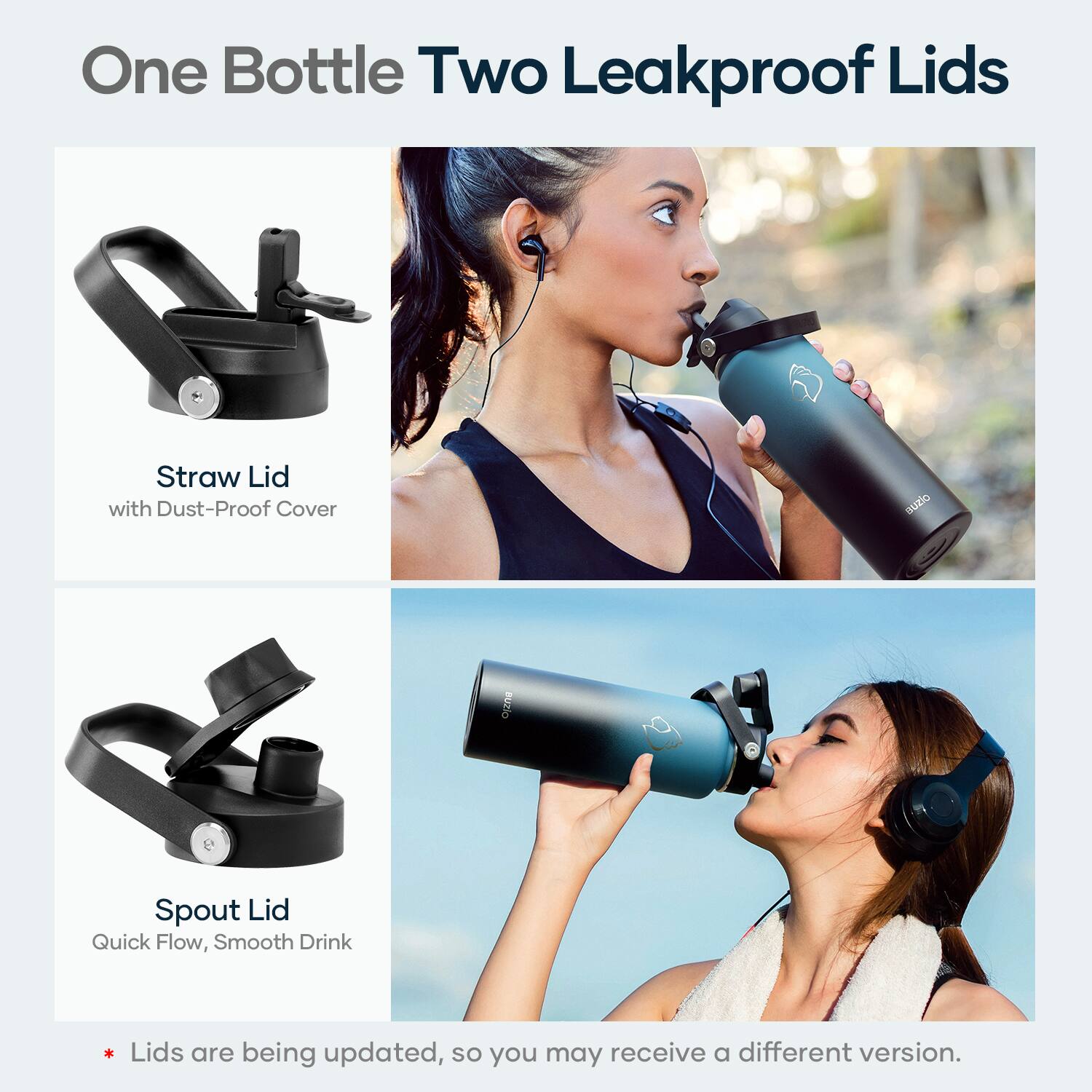 One Bottle Two Leakproof Lids

Straw Lid  
with Dust-Proof Cover

Spout Lid  
Quick Flow, Smooth Drink

* Lids are being updated, so you may receive a different version.