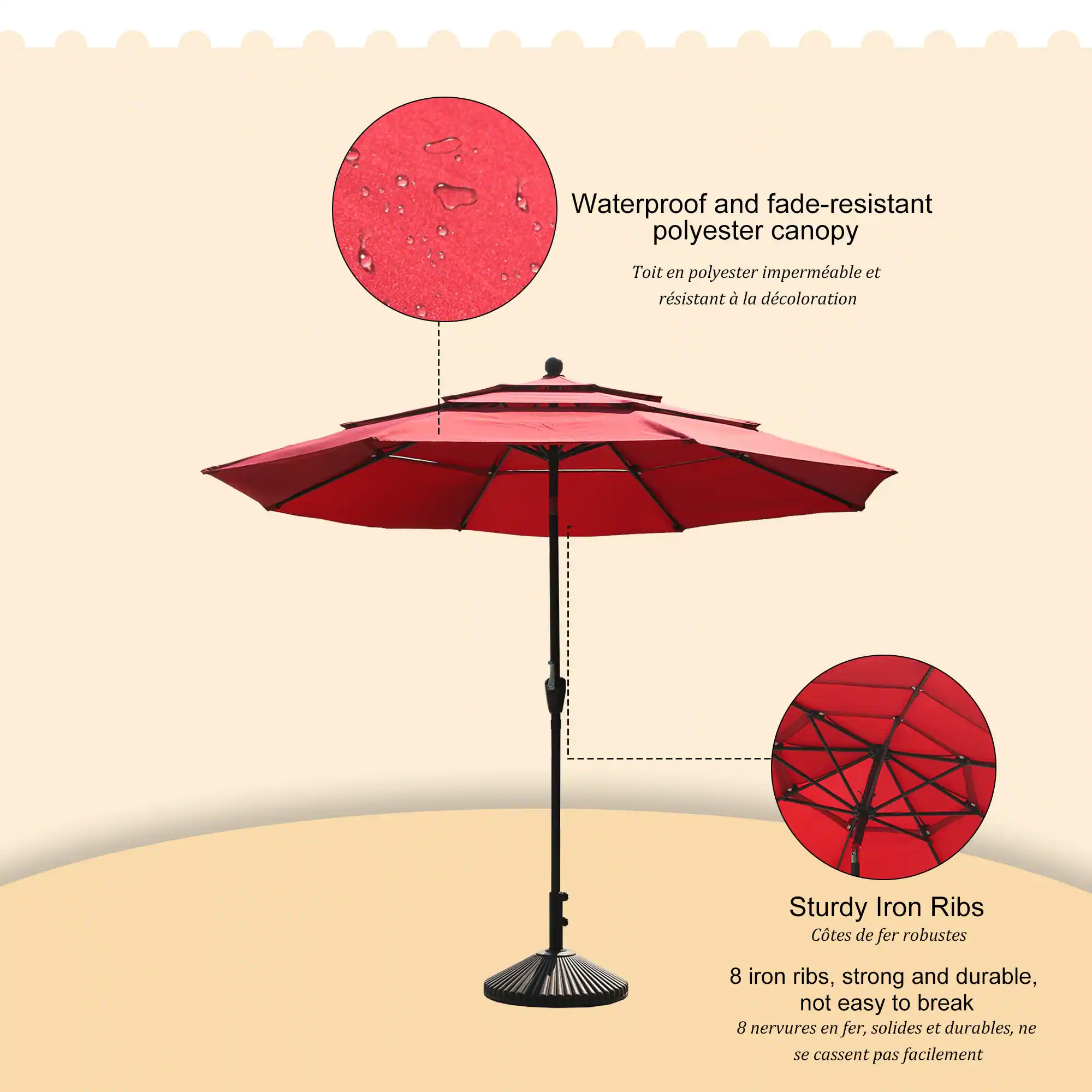 Waterproof and fade-resistant polyester canopy  
Toit en polyester imperméable et résistant à la décoloration  

Sturdy Iron Ribs  
Côtes de fer robustes  

8 iron ribs, strong and durable, not easy to break  
8 nervures en fer, solides et durables, ne se cassent pas facilement