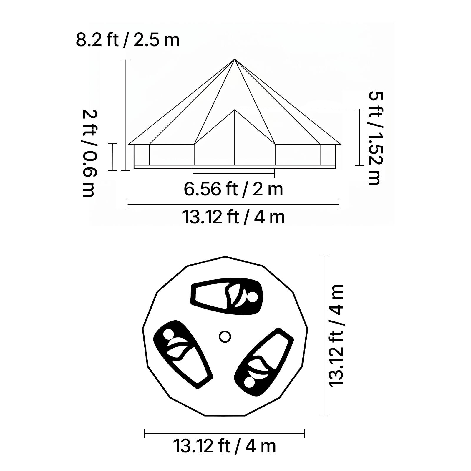 8.2 ft / 2.5 m  
2 ft / 0.6 m  
6.56 ft / 2 m  
13.12 ft / 4 m  
5 ft / 1.52 m