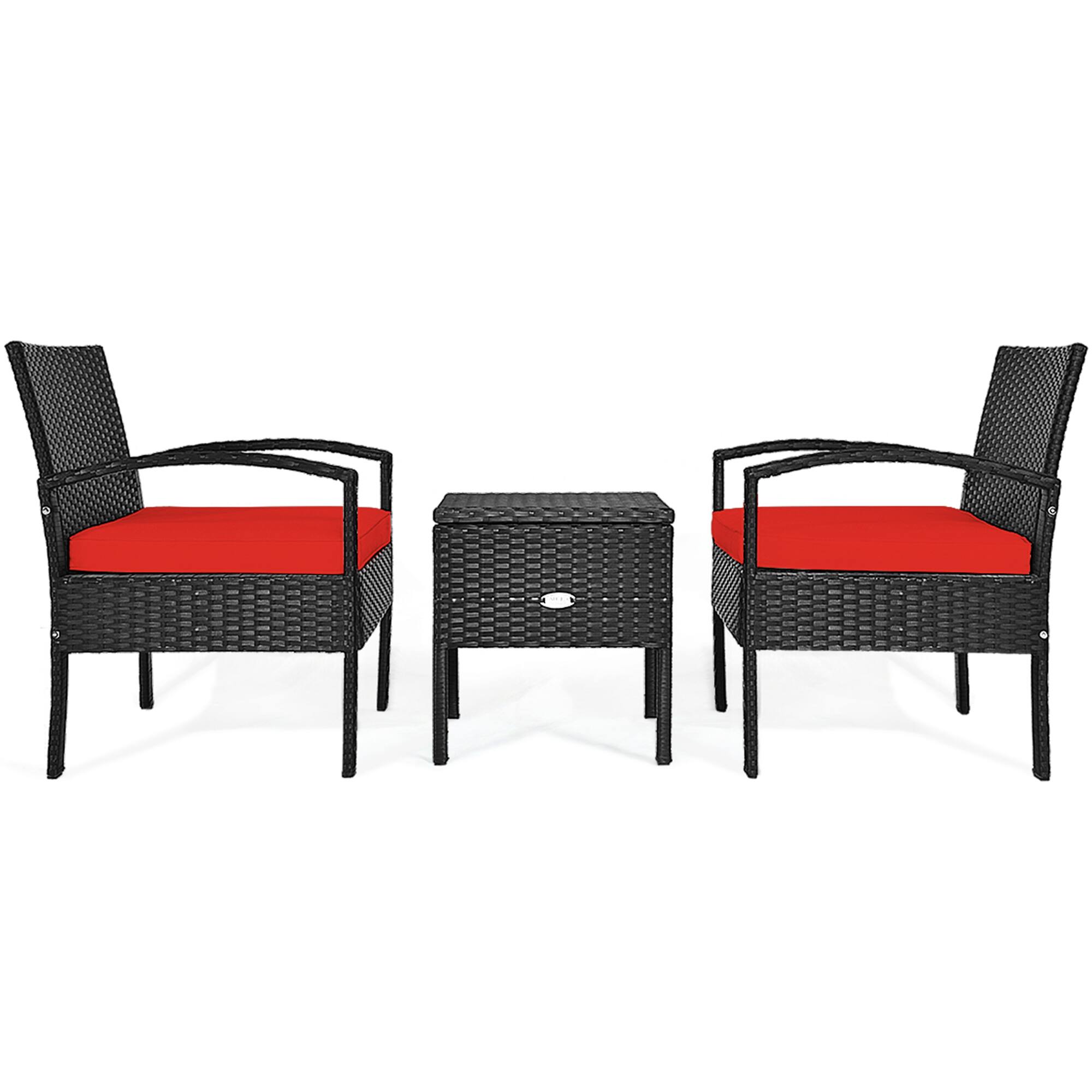 Alt View 1. Gymax - Gymax 3PCS Rattan Patio Conversation Furniture Set w/ Storage Table Red Cushion - Red.