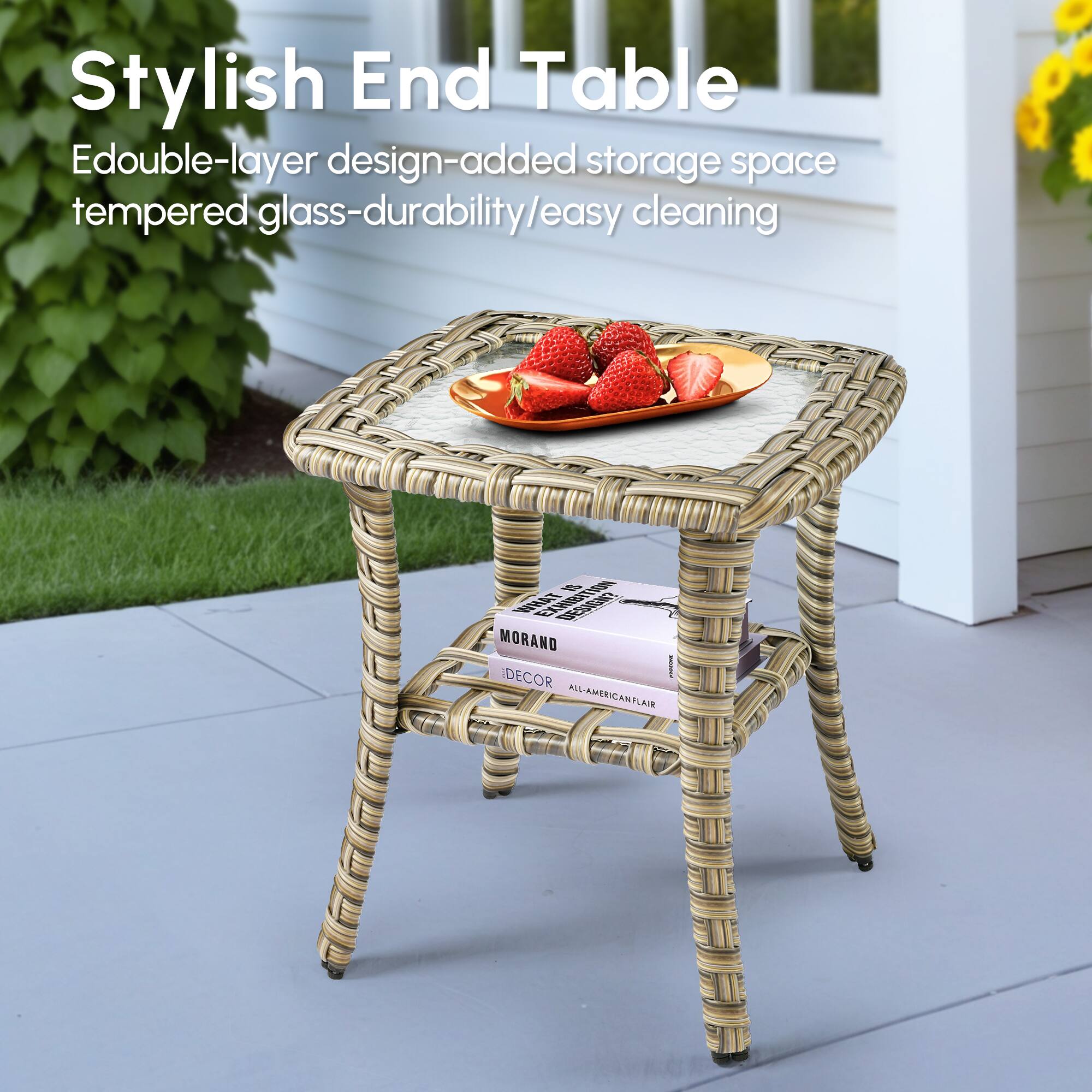 Stylish End Table  
Edouble-layer design-added storage space tempered glass-durability/easy cleaning  
MORANO DECOR  
ALL-AMERICAN FLAIR