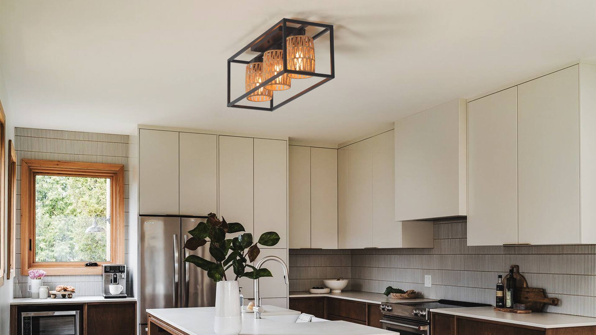 Alt View 2. Umeiluce - 3 Lights Handmade Woven Paper Flush Mount light Farmhouse Style Light - Black and brown.