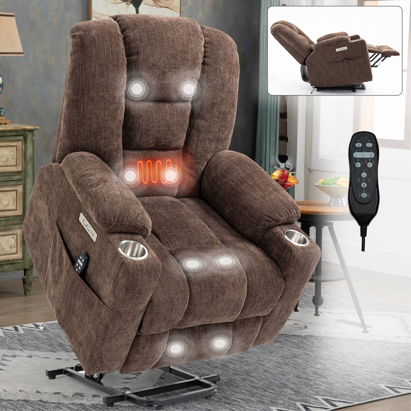 Front. APRILSOUL - Large Power Lift Recliner Chair with Massage and Heat for Elderly Overstuffed Wide Recliners USB and Type C Ports - Brown.