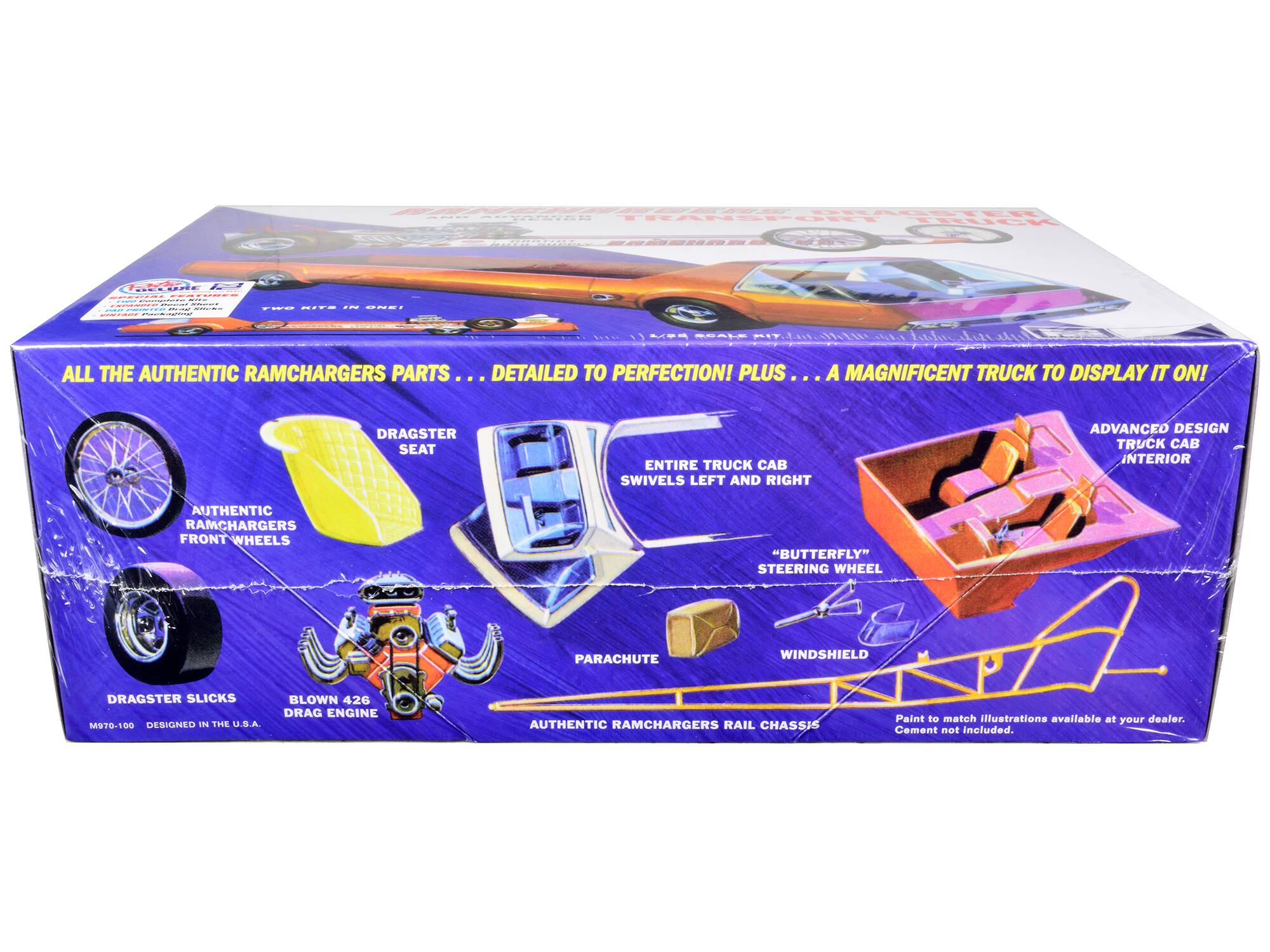 Sure, here is the corrected and grouped text from the image:

---

**ALL THE AUTHENTIC RAMCHARGERS PARTS... DETAILED TO PERFECTION! PLUS... A MAGNIFICENT TRUCK TO DISPLAY IT ON!**

- **DRAGSTER SEAT**
- **ENTIRE TRUCK CAB SWIVELS LEFT AND RIGHT**
- **AUTHENTIC RAMCHARGERS FRONT WHEELS**
- **DRAGSTER SLICKS**
- **BLOWN 426 DRAG ENGINE**
- **PARACHUTE**
- **WINDSHIELD**
- **"BUTTERFLY" STEERING WHEEL**
- **AUTHENTIC RAMCHARGERS RAIL CHASSIS**
- **ADVANCED DESIGN TRUCK CAB INTERIOR**

**M970-100 DESIGNED IN THE U.S.A.**

**Paint to match illustrations available at your dealer. Cement not included.**

---

This text highlights the features and components of the model kit.