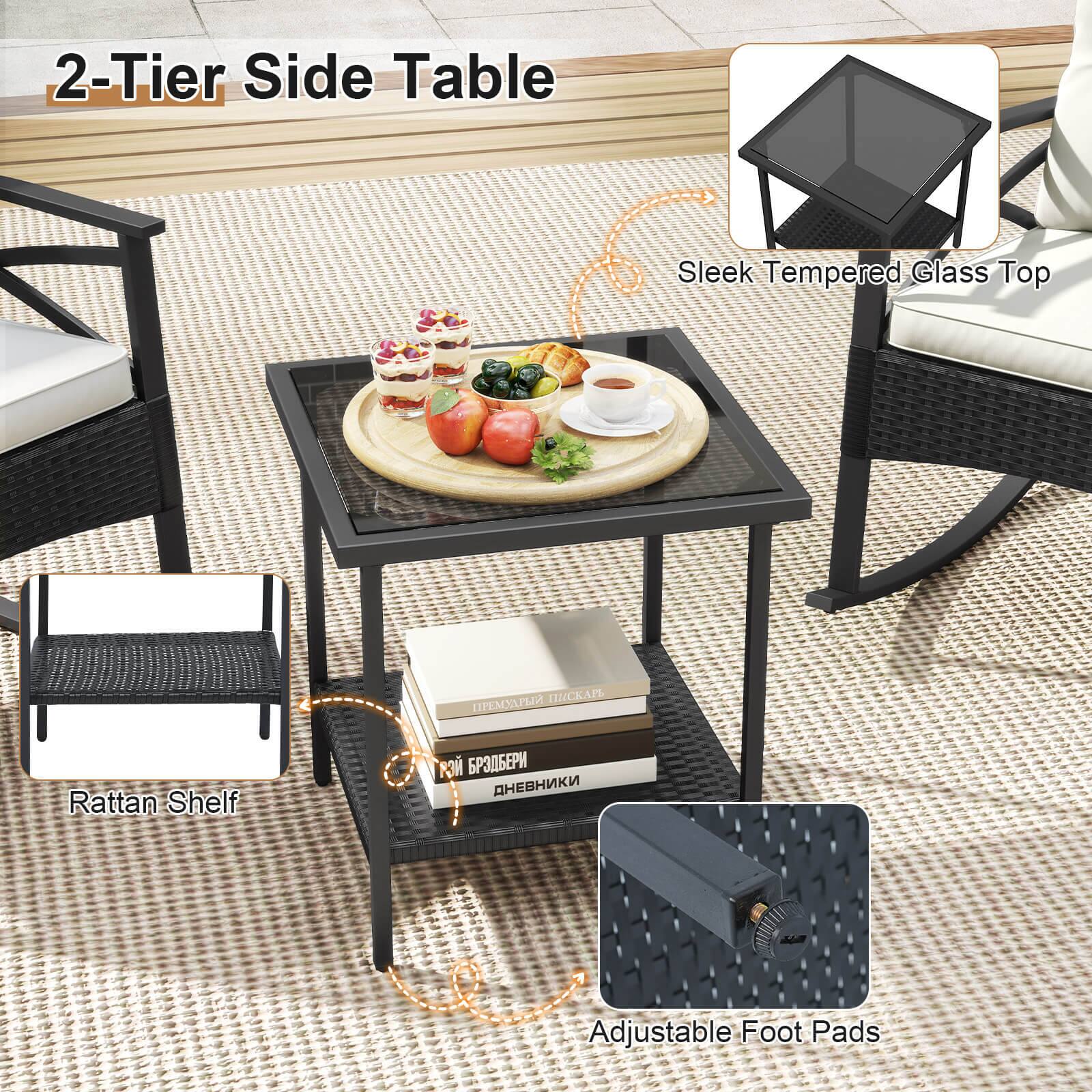 2-Tier Side Table  
Sleek Tempered Glass Top  
Rattan Shelf  
Adjustable Foot Pads