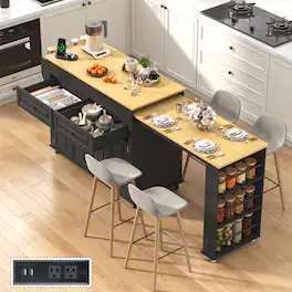 Espafurni - 80"-48" Extendable Kitchen Island with Dining Table & Power Outlet,Drawers,Shelves, Mobile Rolling Cart - Black
