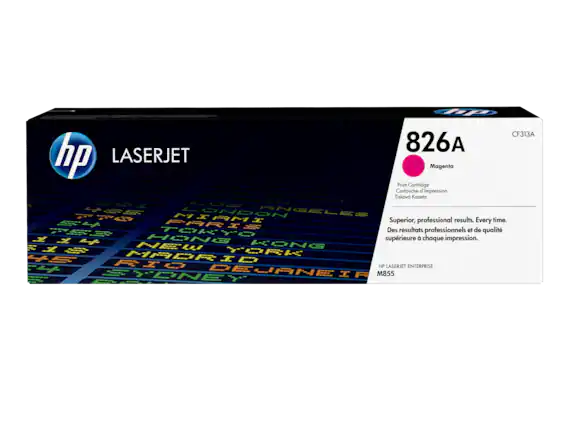 Sure, here is the corrected and grouped text from the image:
---
**HP LASERJET**
**826A**
CF313A
Magenta
Print Cartridge
Cartouche d'impression
Tisková Kázeta
Superior, professional results. Every time.
Des résultats professionnels et de qualité supérieure à chaque impression.
HP LASERJET ENTERPRISE
M855
---
**Text on the Box:**
- LONDON
- ANGELES
- MIAMI
- TOKYO
- NEW YORK
- SYDNEY
- PARIS
- HONG KONG
- DEJANEI
- MADRID
- ROME
- TOKYO
- NEW YORK
- LONDON
- ANGELES
- PARIS
- HONG KONG
- DEJANEI
- MADRID
- ROME
- TOKYO
- NEW YORK
- LONDON
- ANGELES
- PARIS
- HONG KONG
- DEJANEI
- MADRID
- ROME
- TOKYO
- NEW YORK
- LONDON
- ANGELES
- PARIS