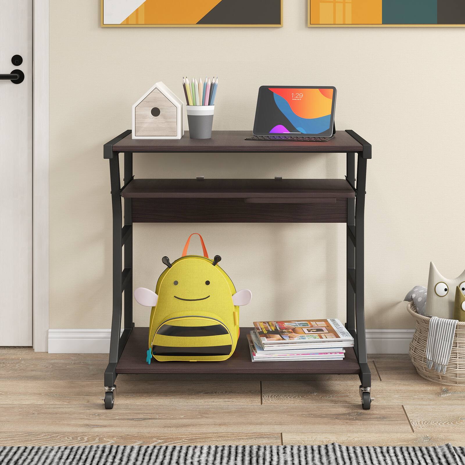 Alt View 7. Ecooso - Mobile Computer Desk with Keyboard Tray and Mouse Tray, Rolling Workstation with Storage Shelf - Dark Brown.