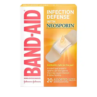 BAND-AID
INFECTION DEFENSE
WITH NEOSPORIN
BENZYL PEROXIDE + NEOSPORIN OINTMENT
Antibiotic right on the pad
4-sided seal protects against dirt and germs that may cause infection & delay healing
BRAND ADHESIVE BANDAGES
20 ASSORTED SIZES
See back panel for sizes
Johnson & Johnson