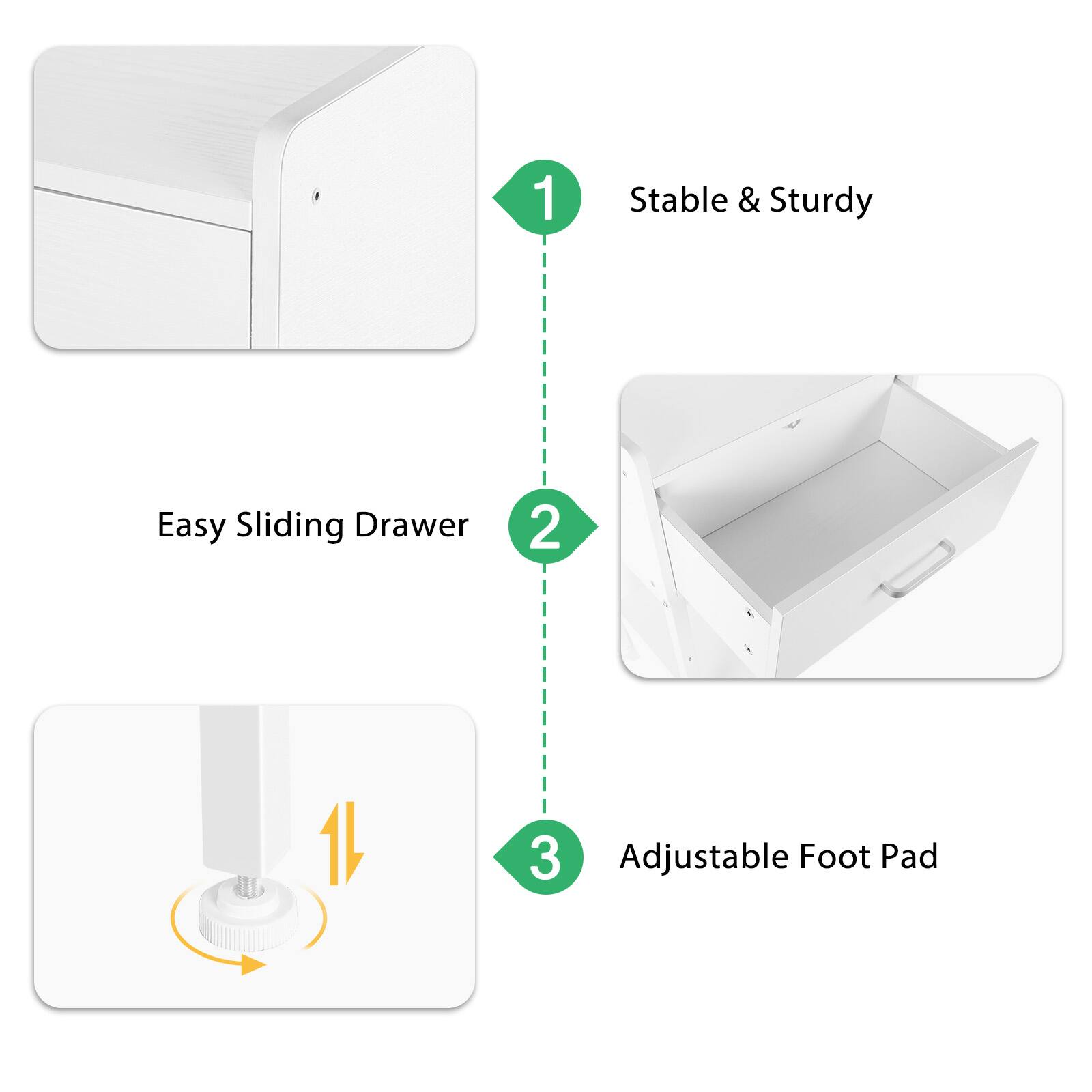 1. Stable & Sturdy
2. Easy Sliding Drawer
3. Adjustable Foot Pad