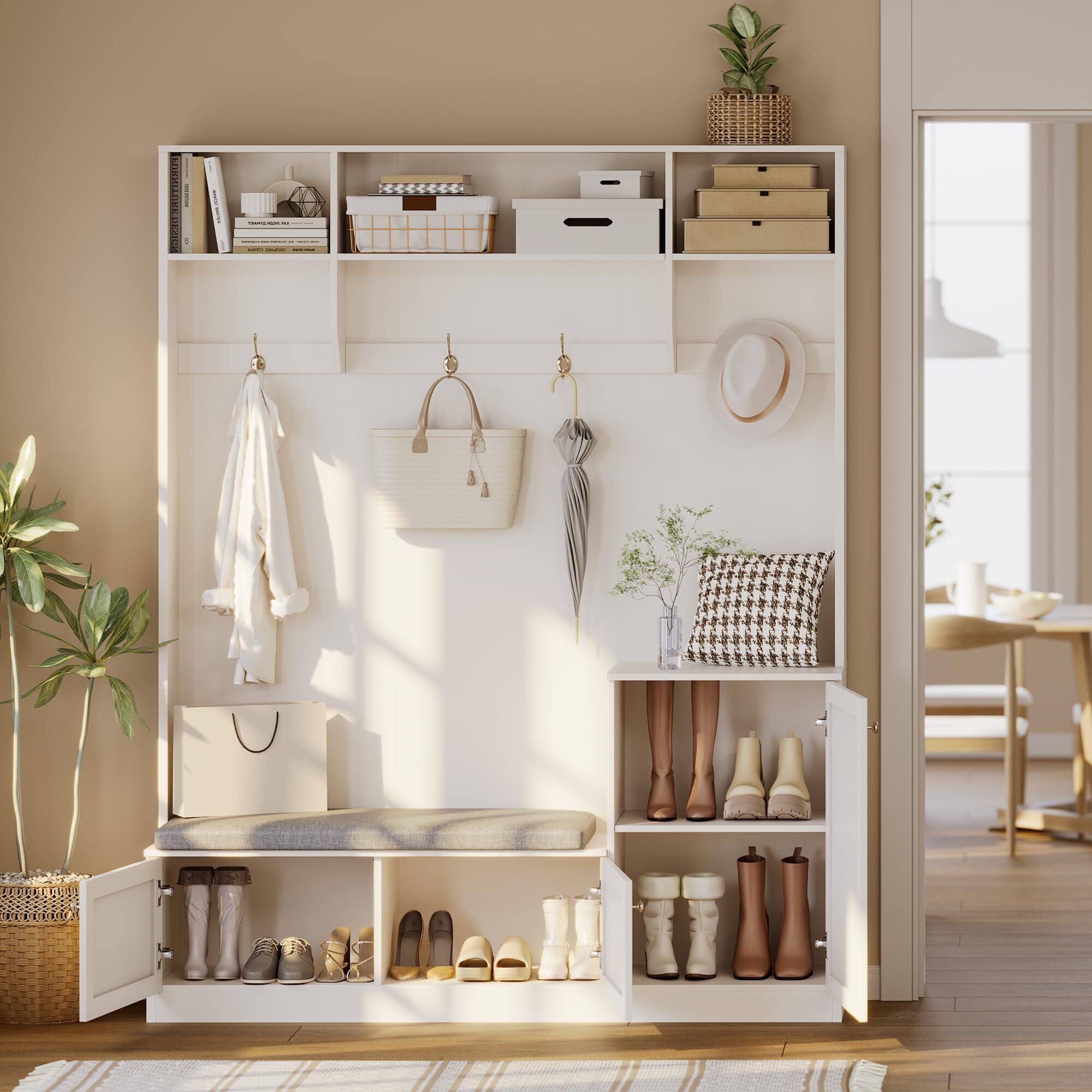 Acekool - Hall Tree with Bench and Shoe Storage, 3-in-1 Farmhouse Entryway Bench with Coat Rack, 4 Hooks - White