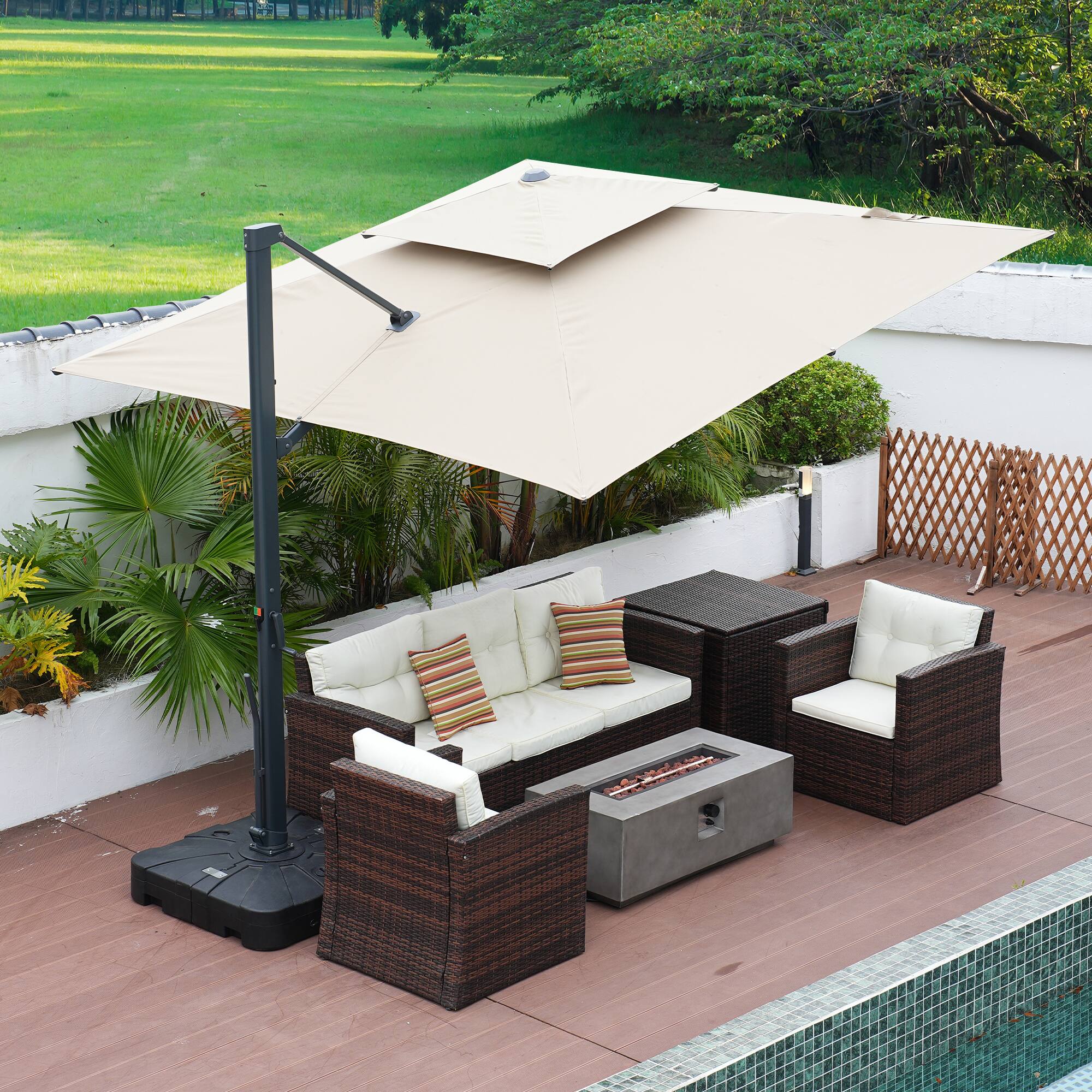 Left. Mondawe - 10x10ft Patio Cantilever Umbrella Large Square Double Top Offset Umbrella - Tan.